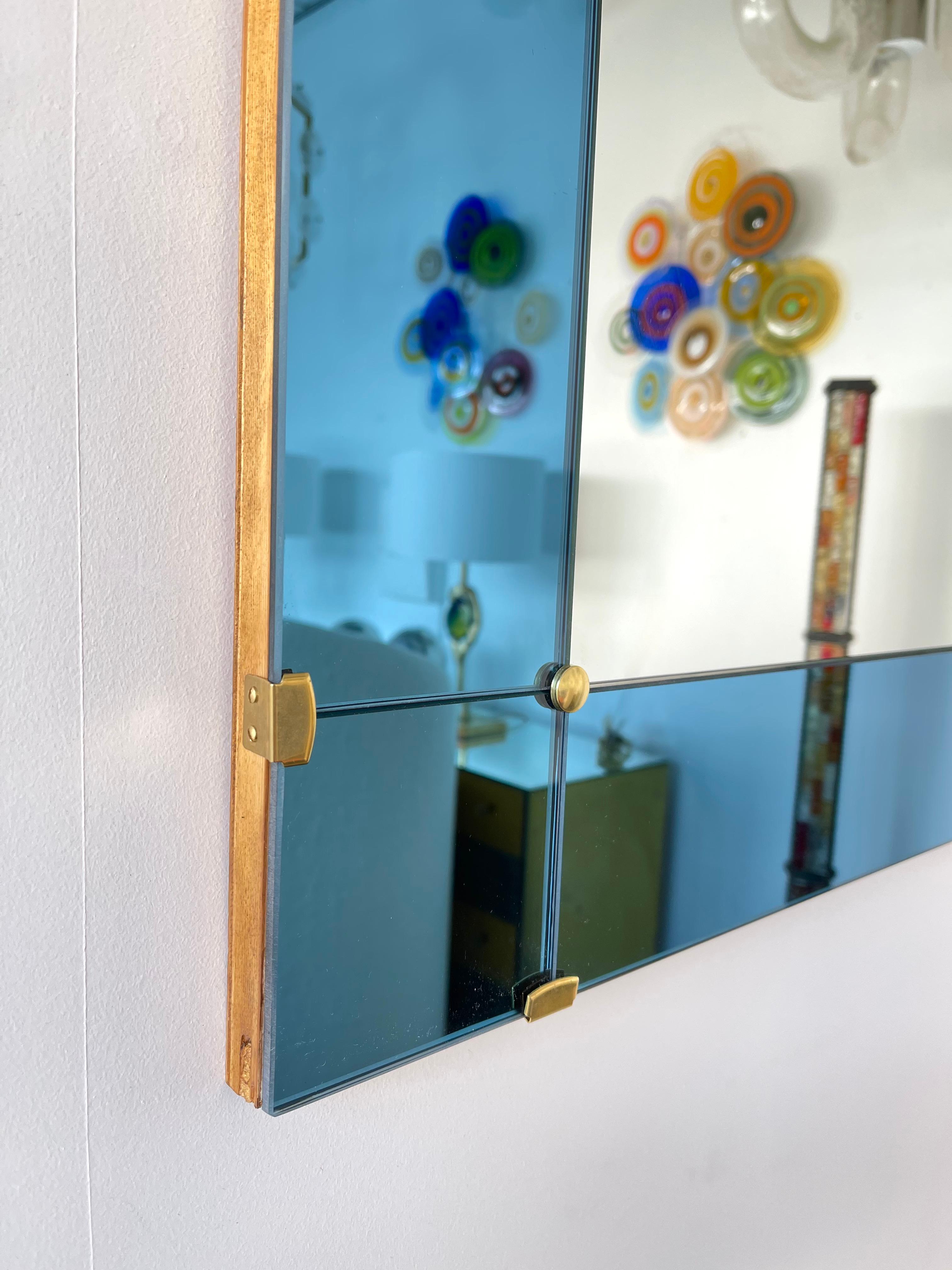 Mid-20th Century Mirror Blue and Brass by Cristal Art, Italy, 1960s