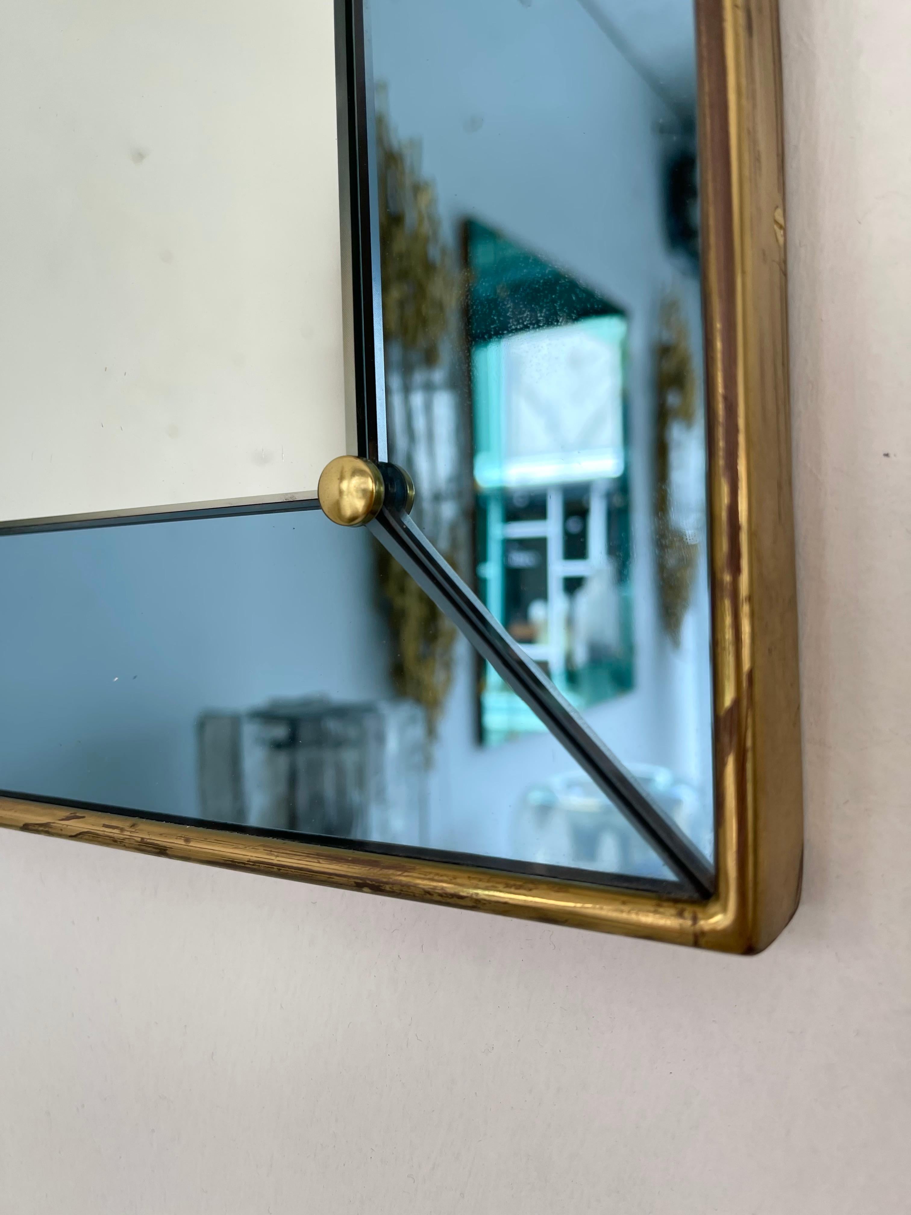 Mid-20th Century Mirror Blue and Brass by Cristal Art, Italy, 1960s