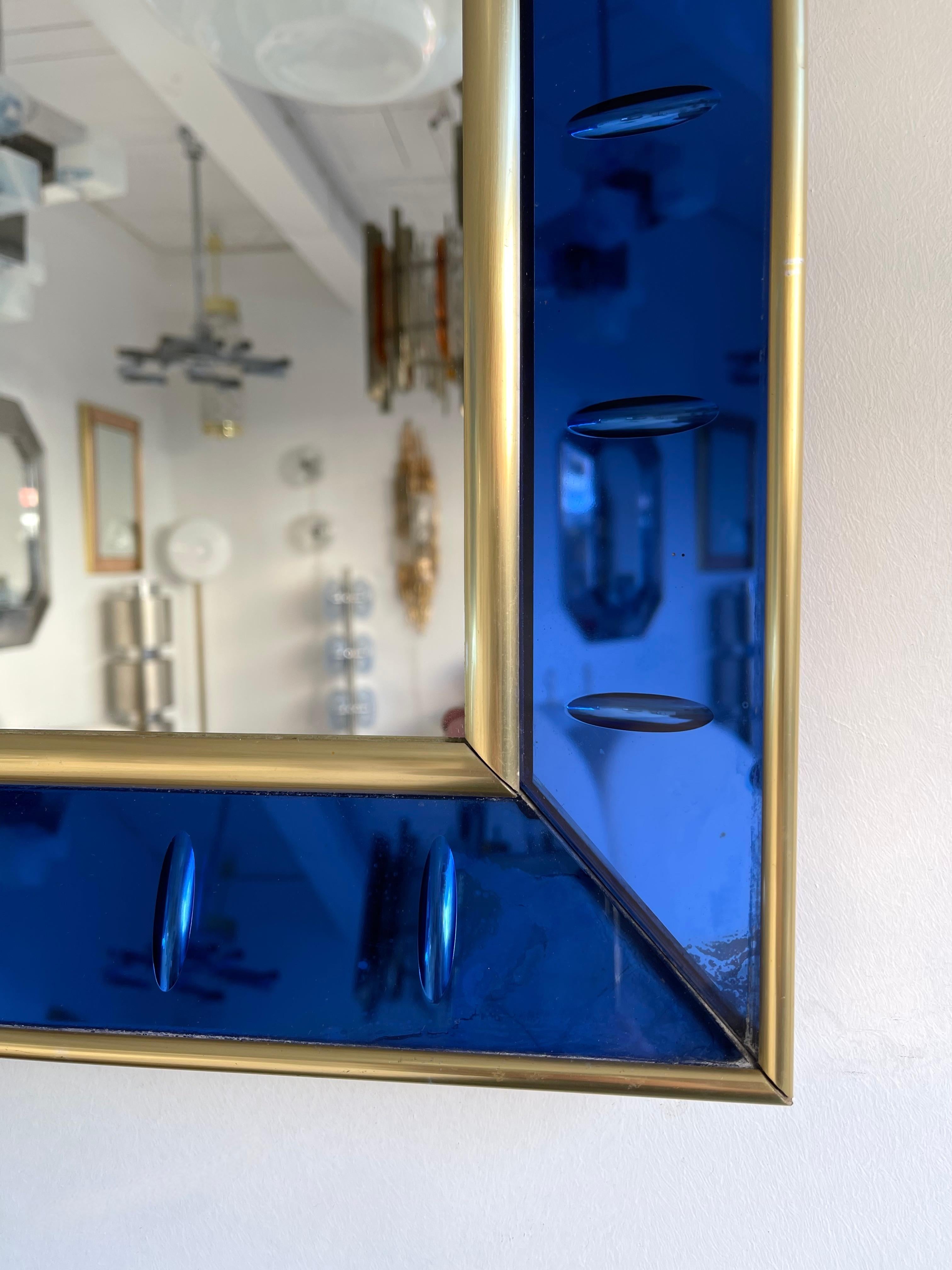 Italian Mirror Blue and Brass by Cristal Art, Italy, 1960s