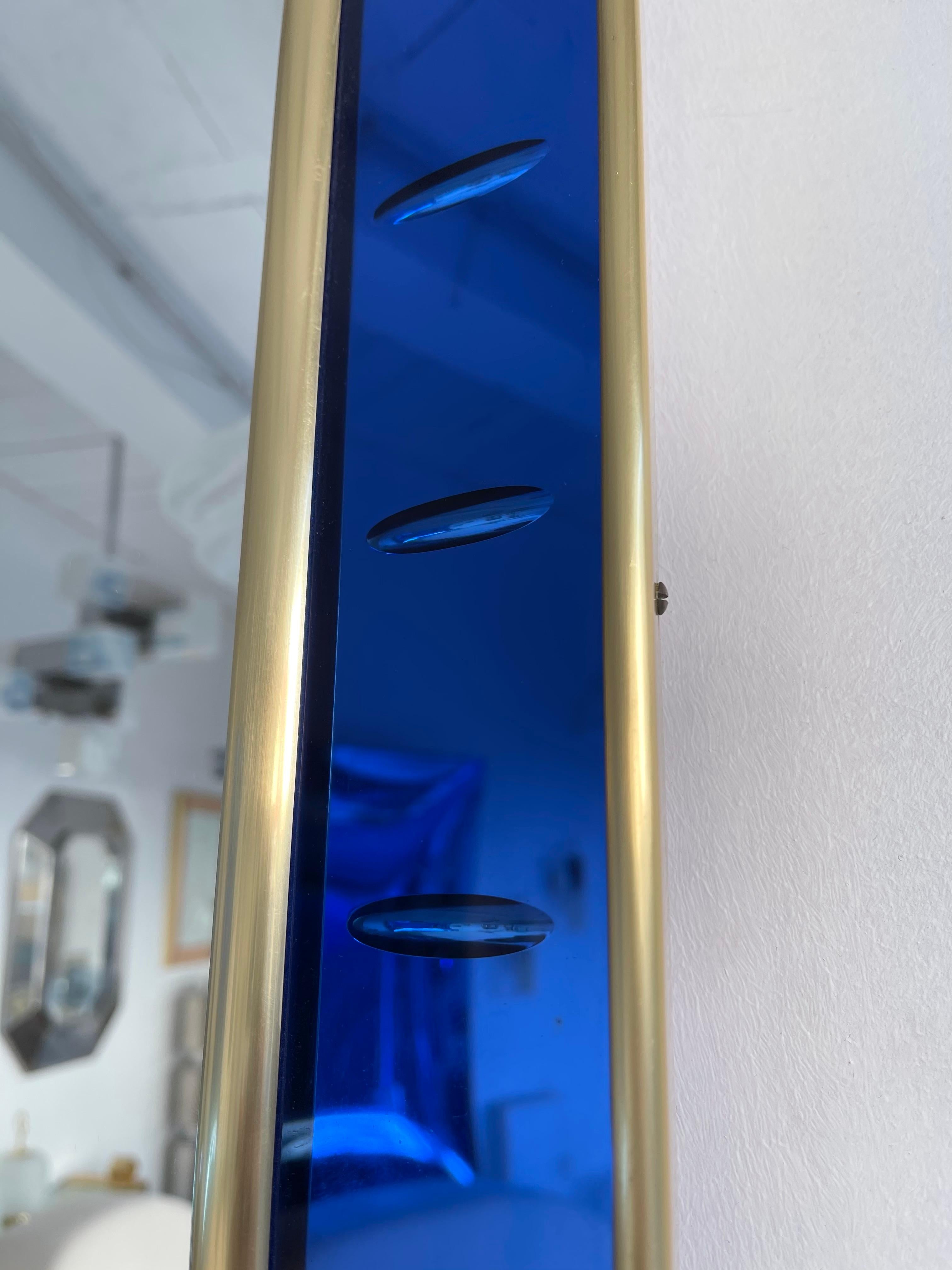 Mid-20th Century Mirror Blue and Brass by Cristal Art, Italy, 1960s