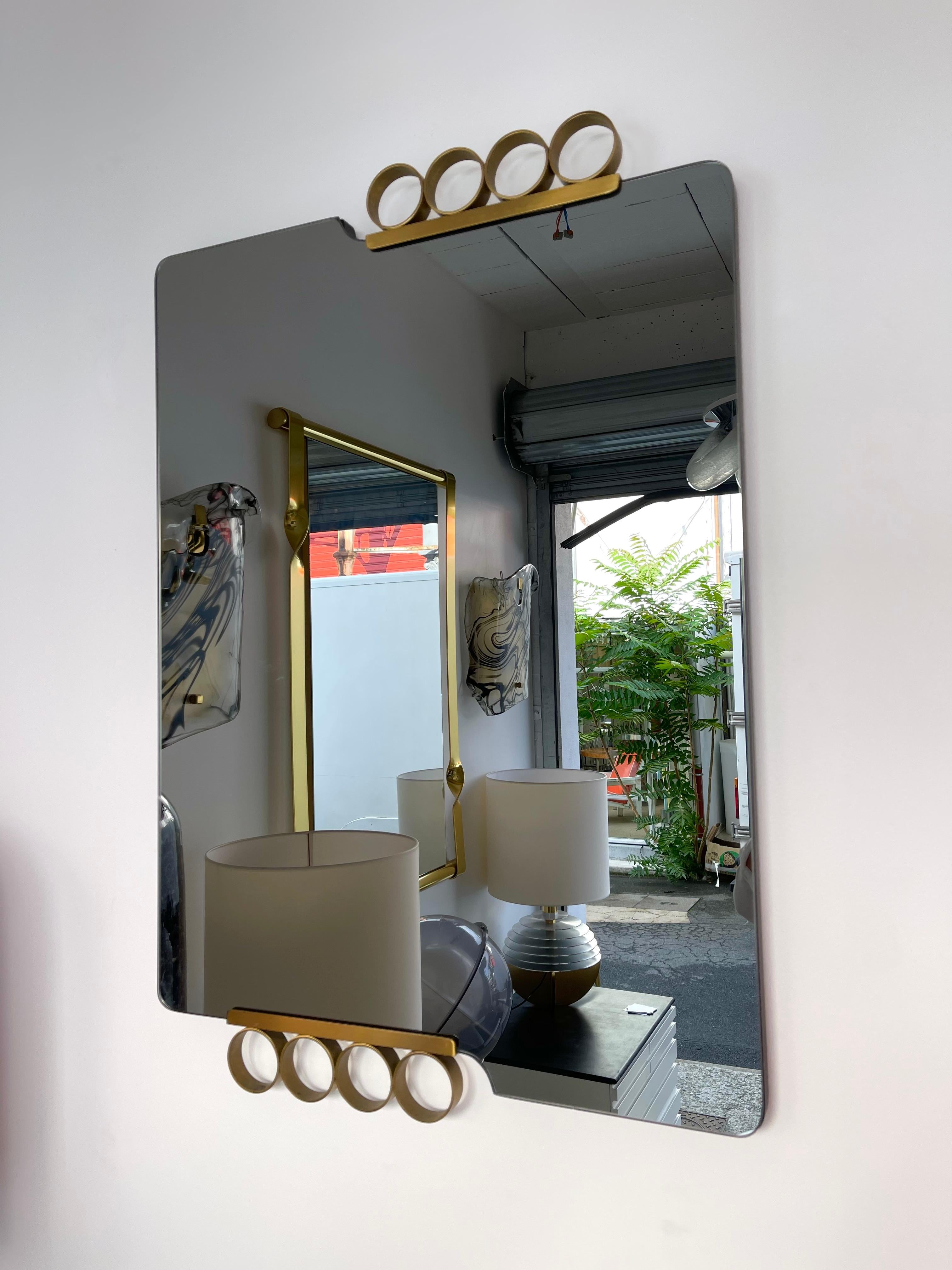 Italian Pair of Mirrors Brass Disc Gray Tinted Glass by Modernindustria, Italy, 1970s For Sale