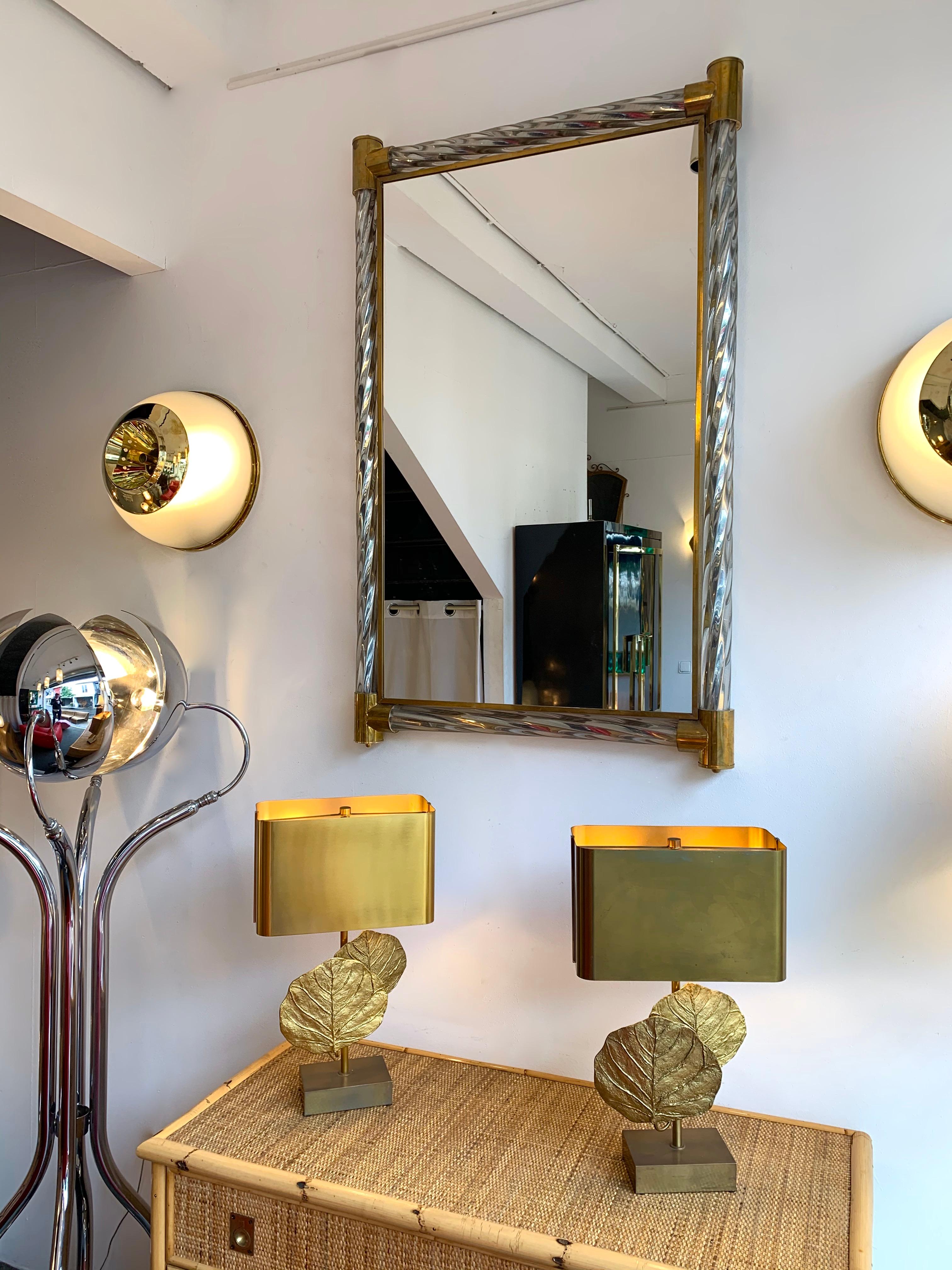 Mirror Brass Twisted Silver Murano Glass, Italy, 1960s In Good Condition In SAINT-OUEN, FR