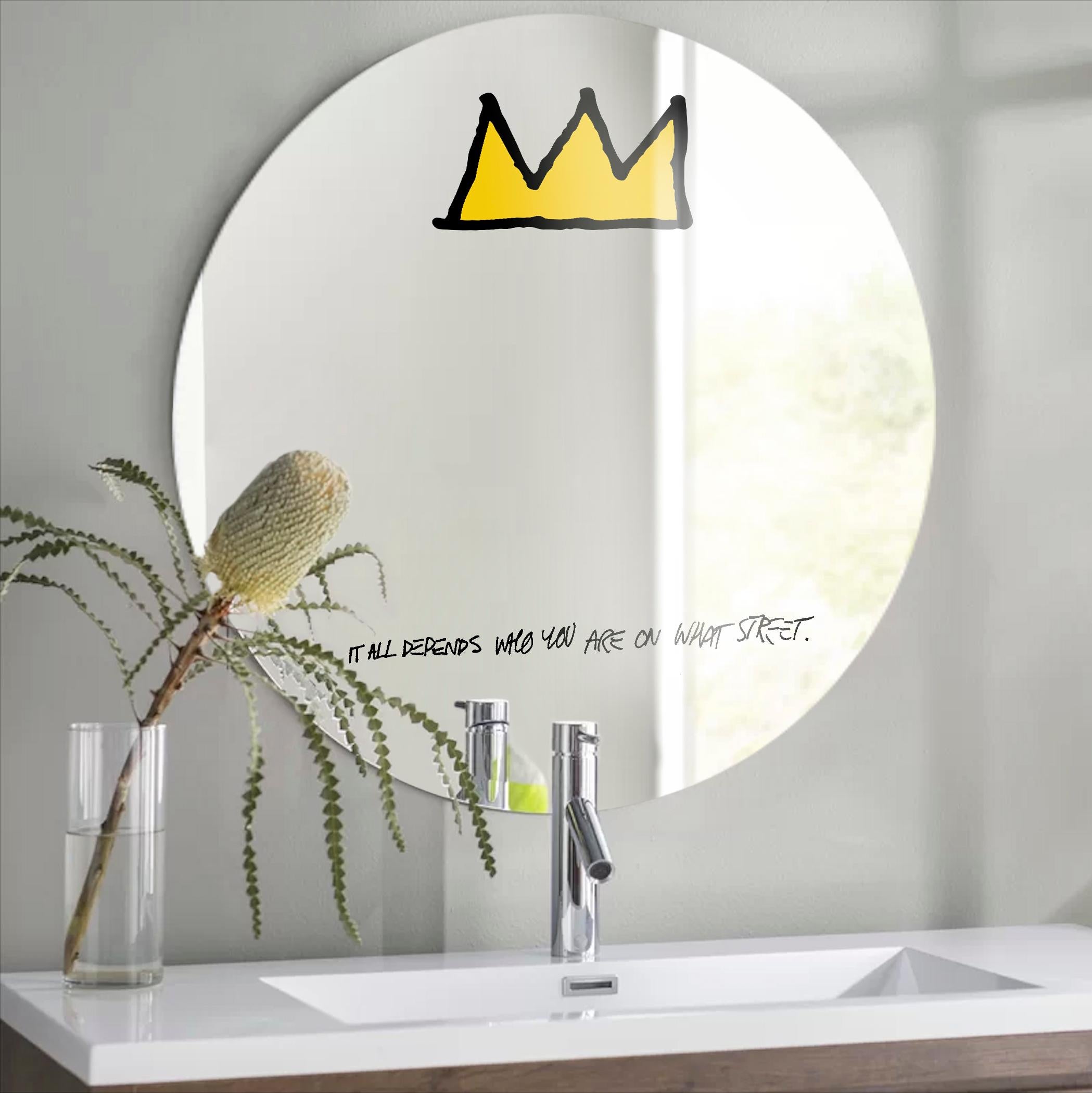 Glass and mirror with film interlay and polished edges
includes wooden mounting bracket
zippered storage pouch
open edition

© Estate of Jean-Michel Basquiat
Licensed by Artestar, New York

Find your swagger and coronate yourself with the