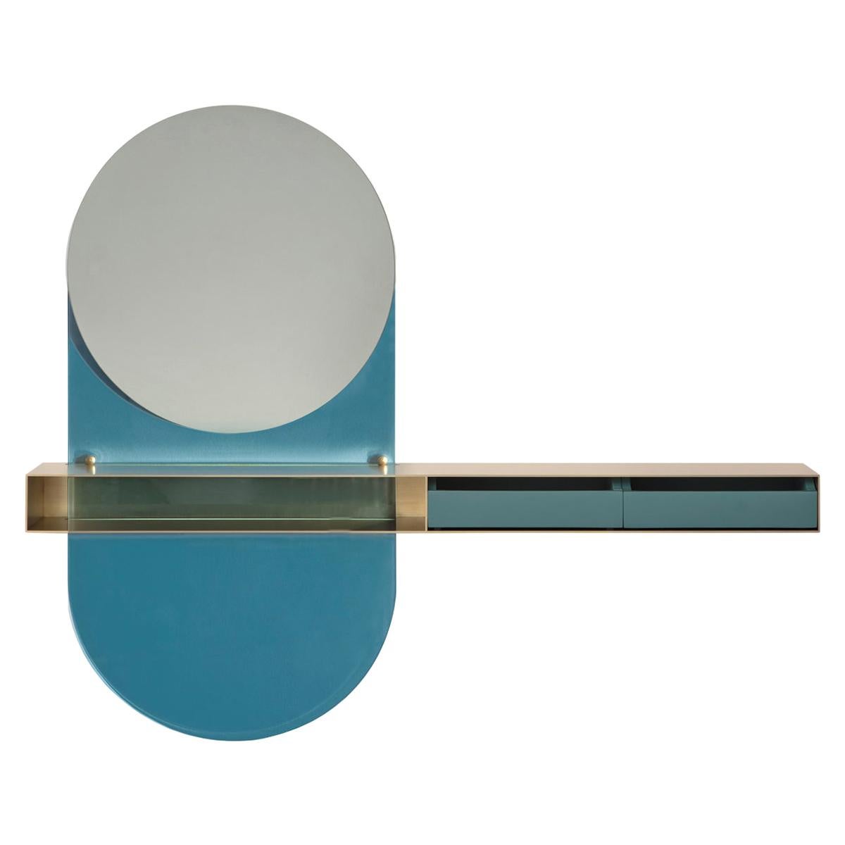 Spiegel-Schmuck-Regal für den Eingangsbereich/Schlafzimmer aus Messing, Glas und Holz, Spiegel