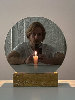 Mirror Candle Holder "Spegla Yellow Travertine" Marble with Half Transp Mirror
