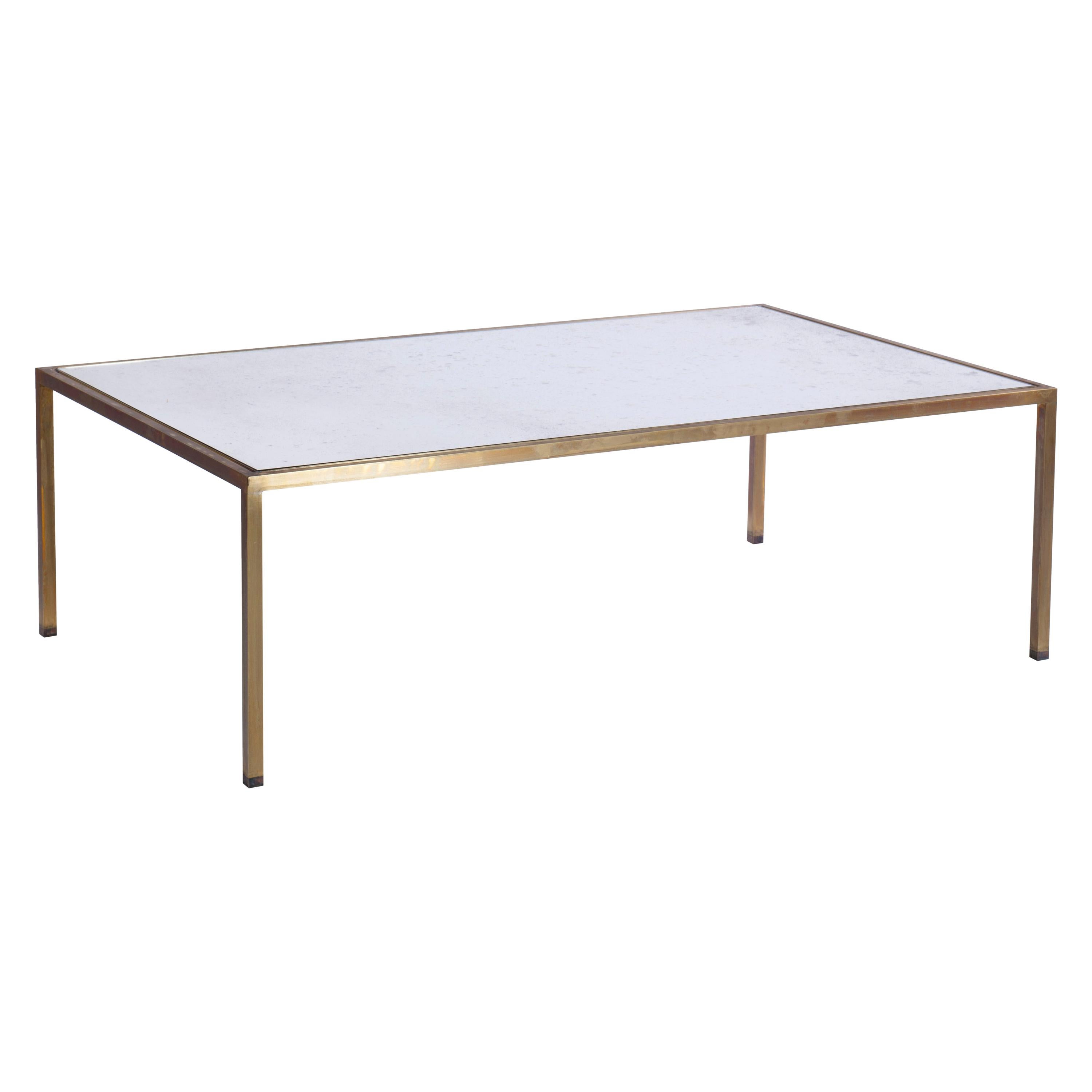 Mirror Coffee Table, Brass Framed and Antiqued Mirror Top Coffee Table