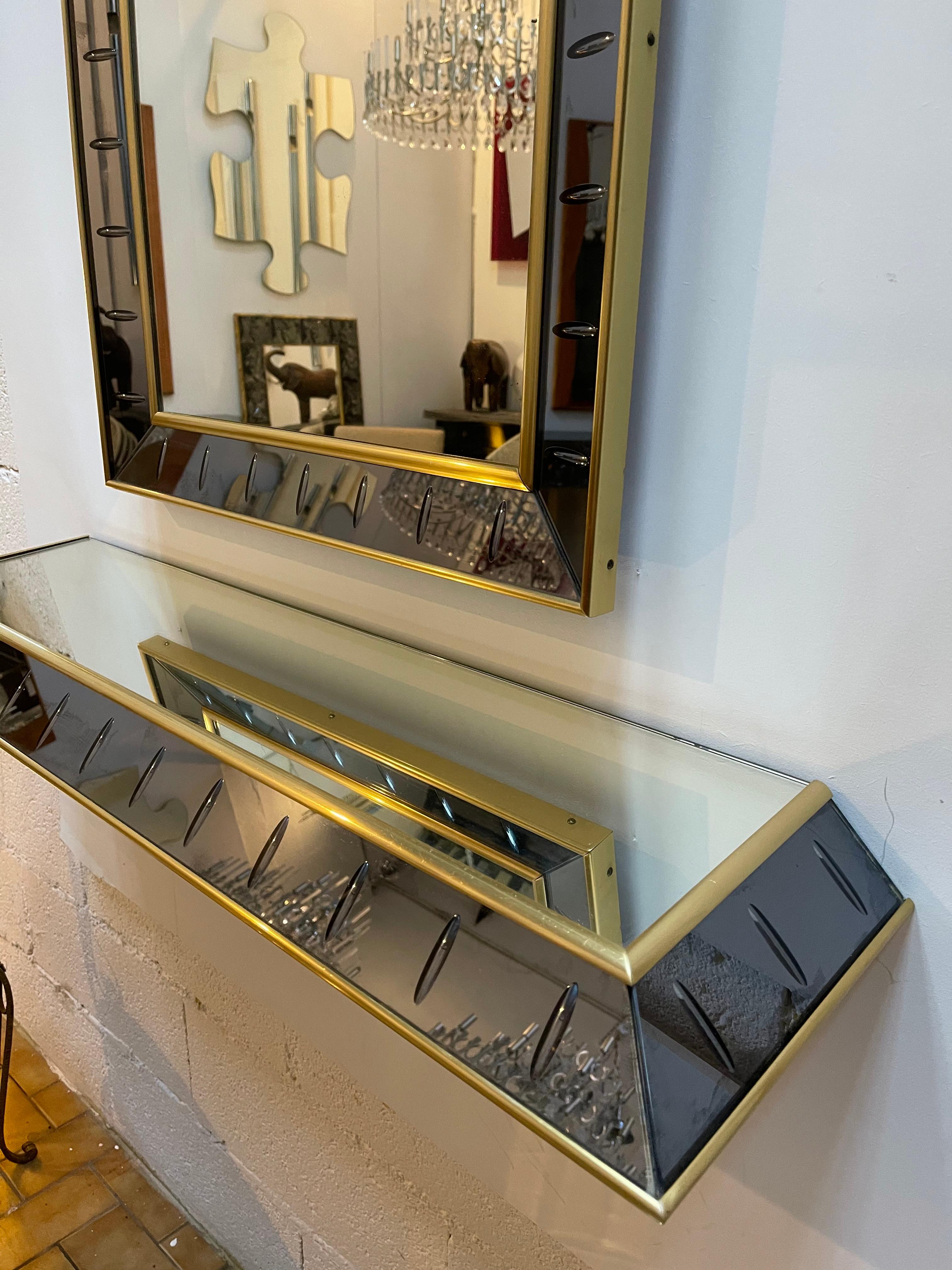 Konsolenspiegel aus Glas und Messing von Cristal Art, Italien, 1960er Jahre im Zustand „Gut“ im Angebot in SAINT-OUEN, FR