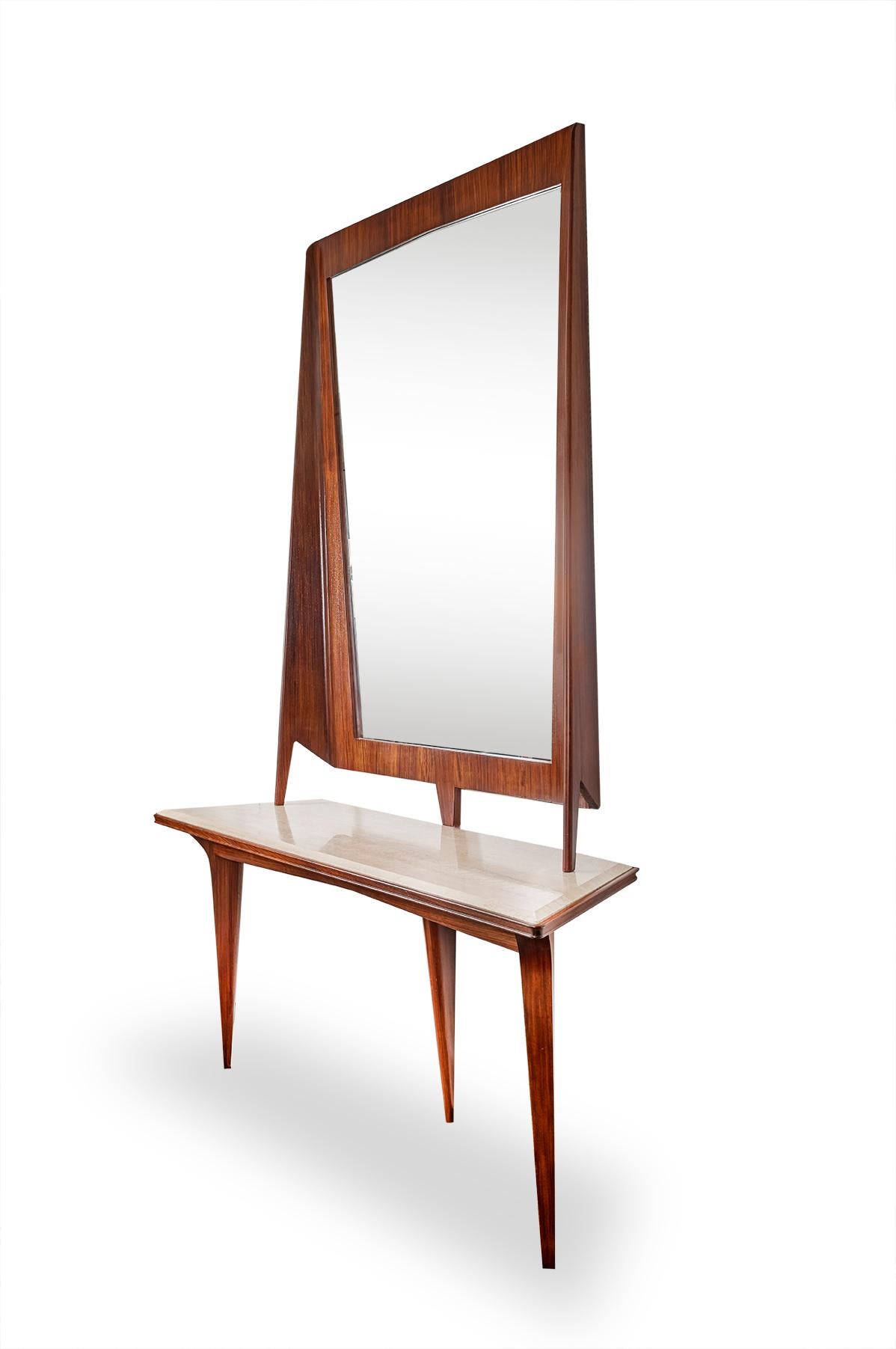Mid-Century Modern Mirror Console Rosewood and Travertine by Mobili Cantu, 1950