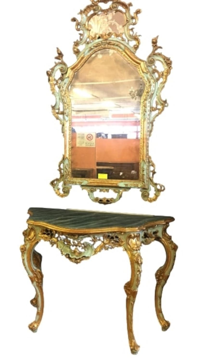 Hand-Carved Mirror Console Table in Louis XV Rococo Style, Venetian For Sale