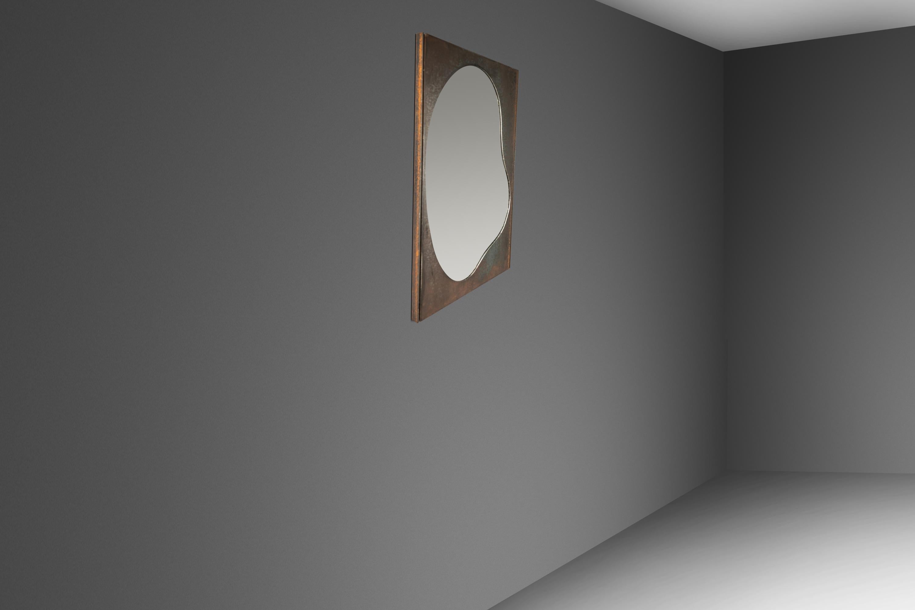 Brutalist Mirror Cut From Raw Patinaed Steel, Mark Leblanc, Leblanc Studios, USA, c. 2024 For Sale