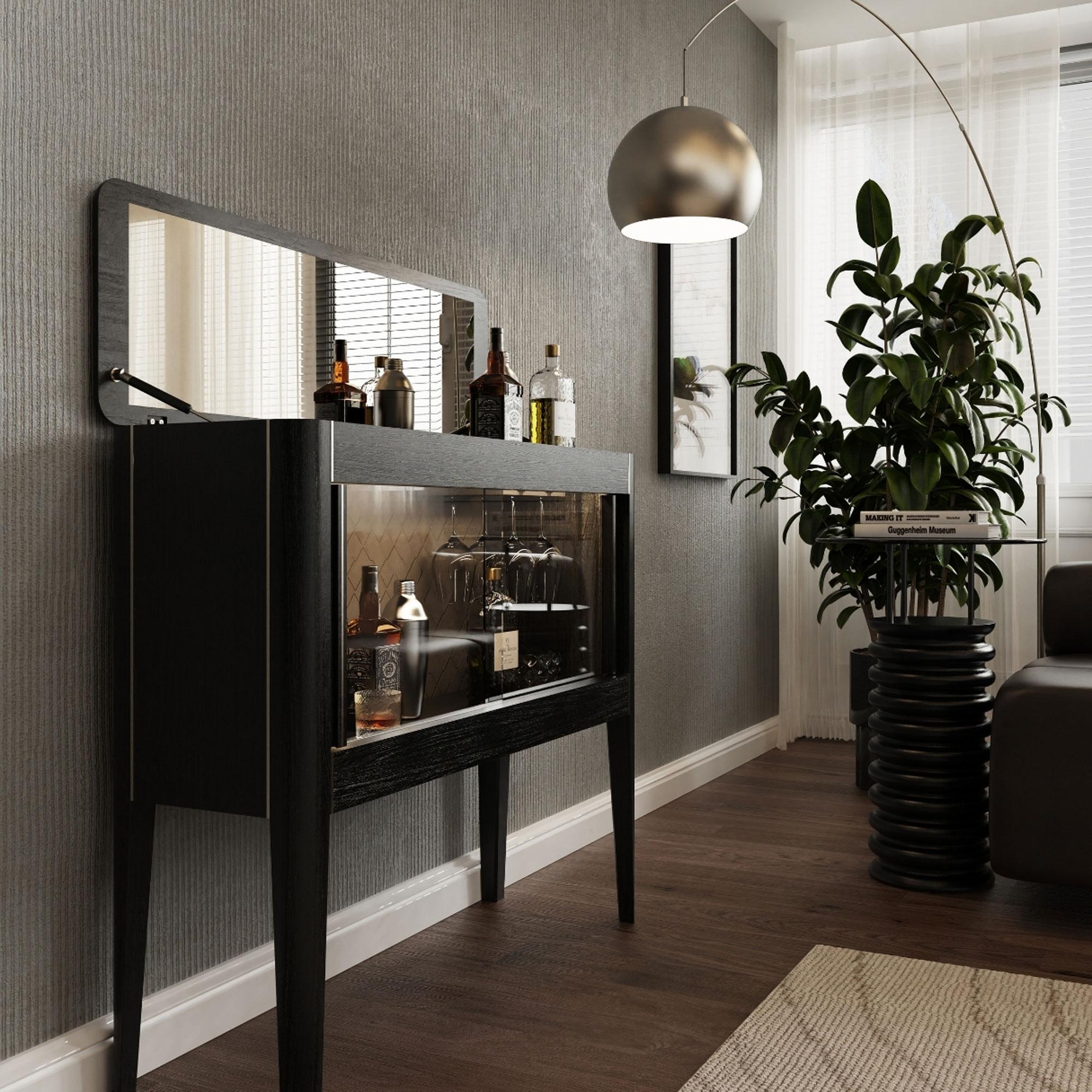 Mirror-Door Solid Wood Horizontal Liquor/Cocktail Cabinet – Casablanca For Sale 3