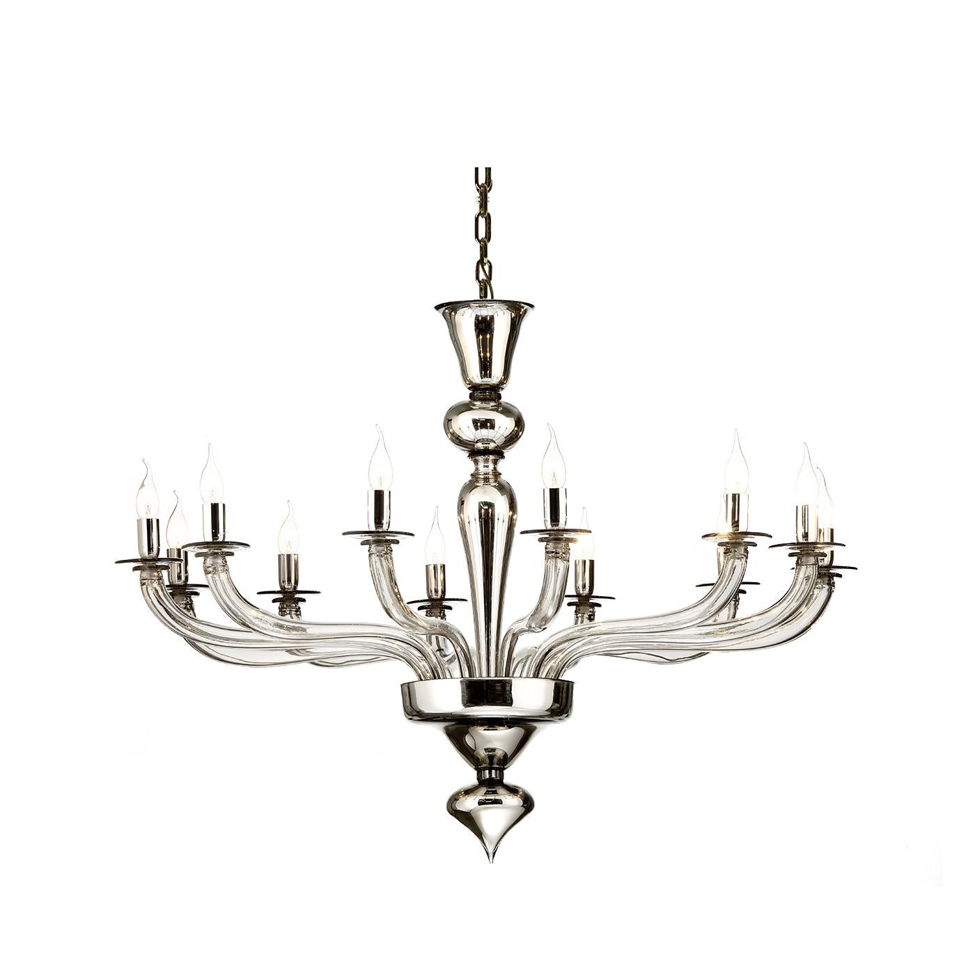 Modern design and traditional silhouette blend in this Venetian glass chandelier that will bring timeless, sophisticated allure to any interior. This exquisite piece of functional decor is a play on two tones of steel color, a mirrored finish