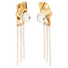 Mirror Finish Gold Plated Sculptural Pleated Crystal Fringe Statement Earrings