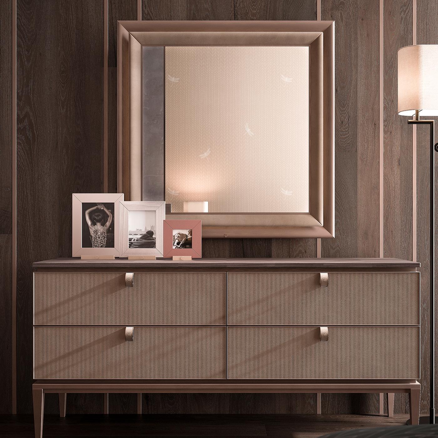 Stylish and sophisticated, this enchanting mirror features nubuck leather and a metal effect lacquered frame. With its soft beige color, it is the perfect choice to compliment the contemporary decor in any room, and comes complete with an LED