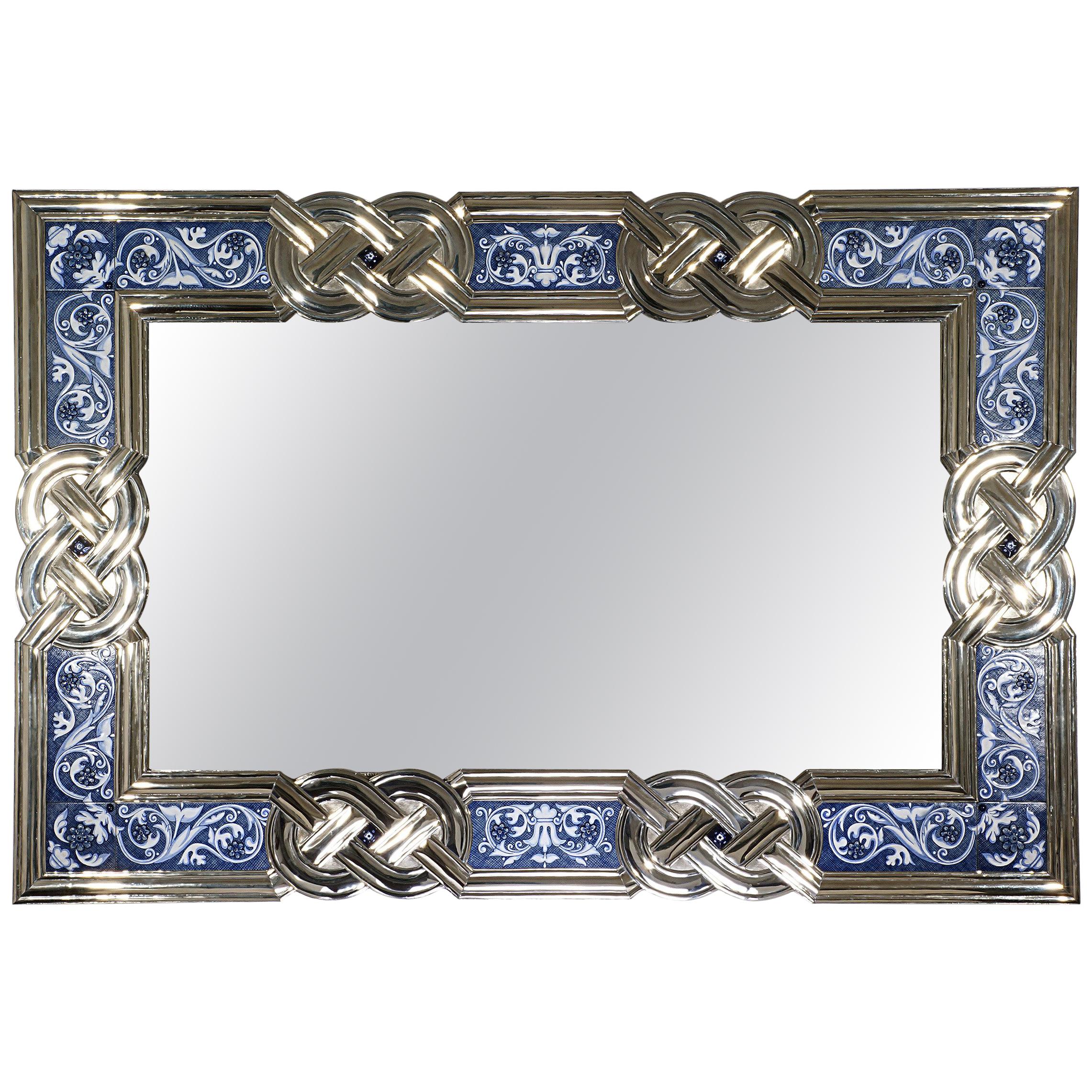 Mirror Frame, German Silver 'Also Called Alpaca or White Metal' and Ceramic For Sale