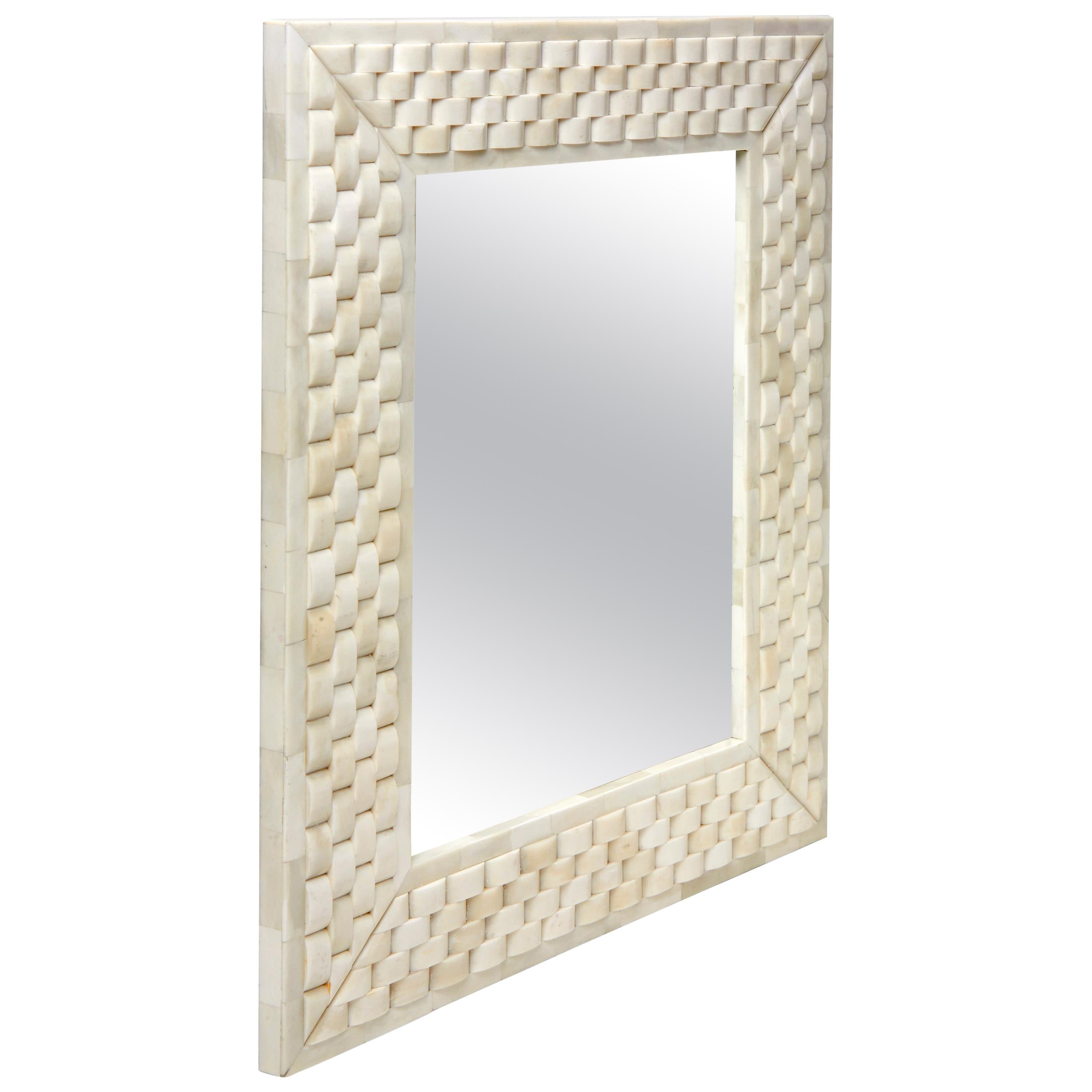 Mirror Frame Made with Carved Bone to Form Basket Weave- in stock