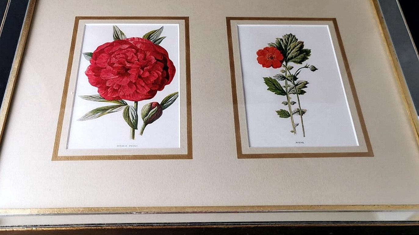 Spiegelrahmen mit englischen chrmolithografischen Drucken und Blumen (Vergoldet) im Angebot