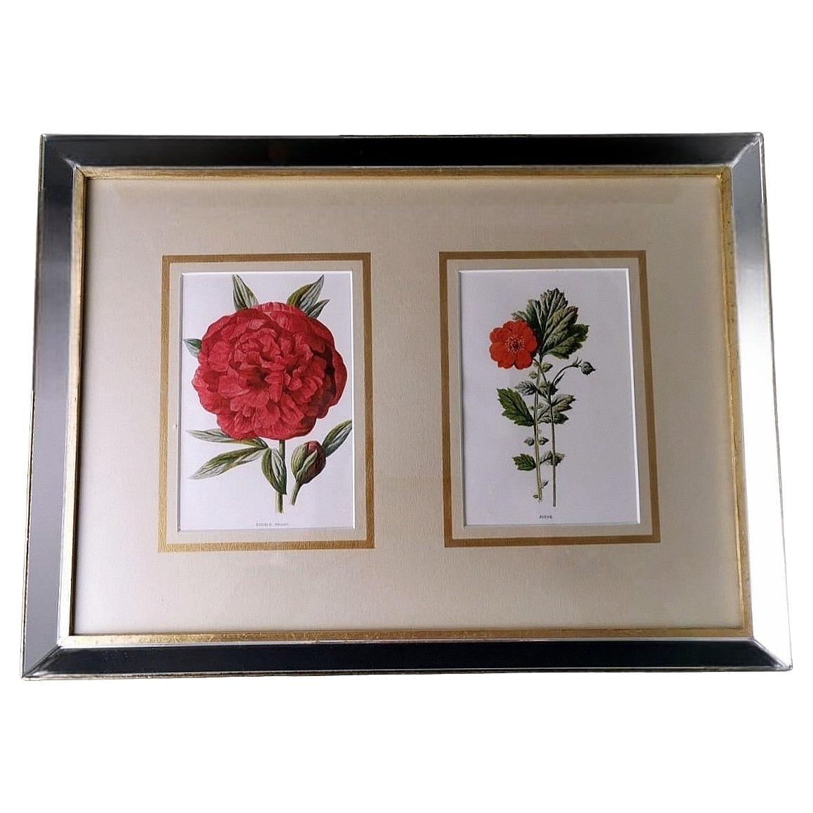 Mirror Frame With English Chromolithographic Prints With Flowers For Sale