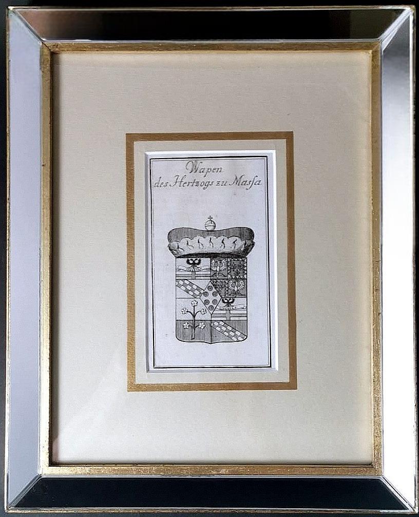 Modern Mirror Frame With Engraved Dutch Print Depicting Dukes Of Massa Coat Of Arms.