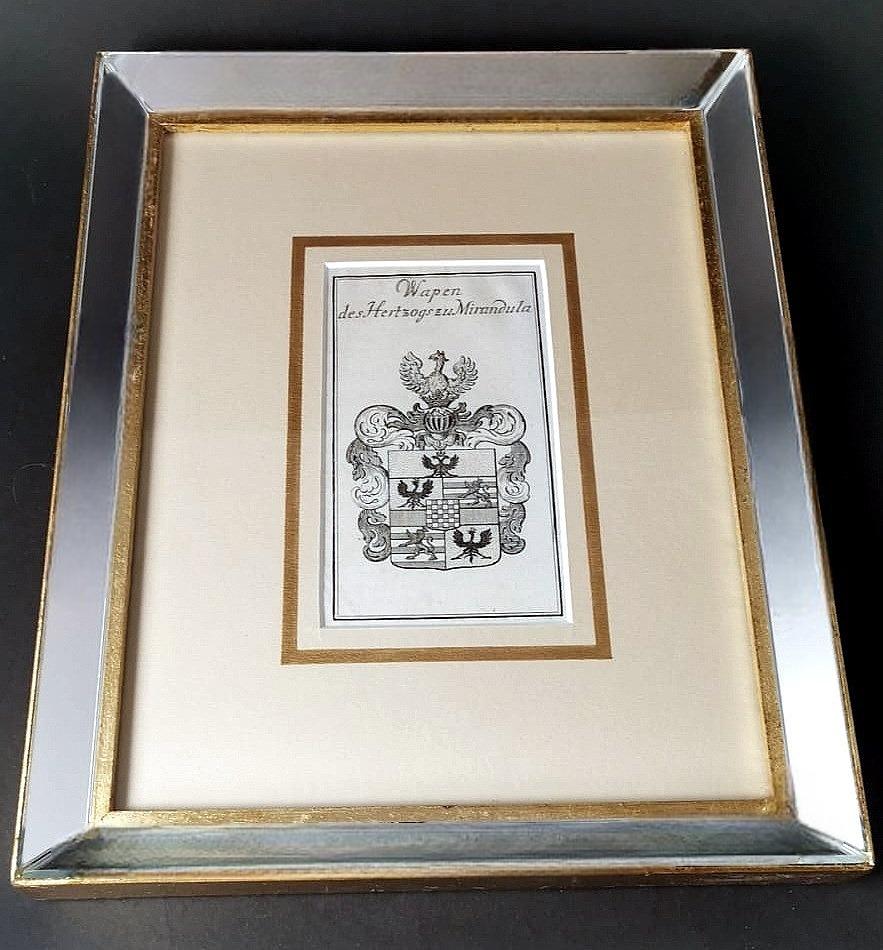 Modern Mirror Frame With Engraved Dutch Print Depicting Dukes Of Mirandola Coat Of Arms For Sale