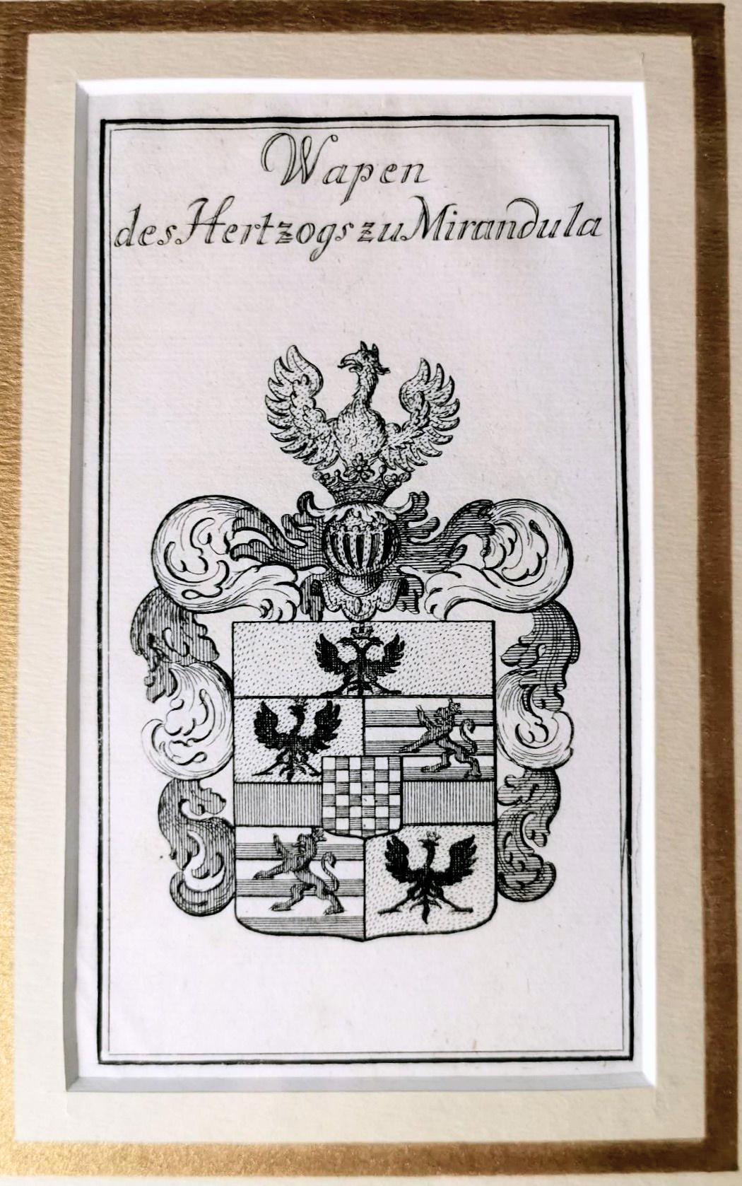 Spiegelrahmen mit eingraviertem niederländischem Druck mit der Darstellung von Herzögen des Mirandola-Wappens (Niederländisch) im Angebot