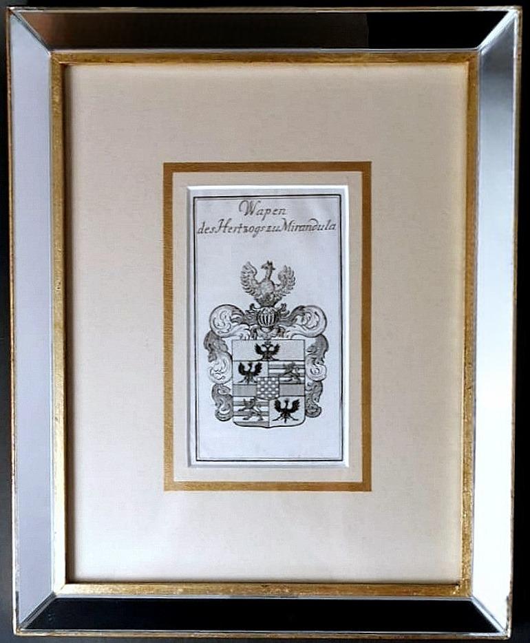Spiegelrahmen mit eingraviertem niederländischem Druck mit der Darstellung von Herzögen des Mirandola-Wappens (Vergoldet) im Angebot