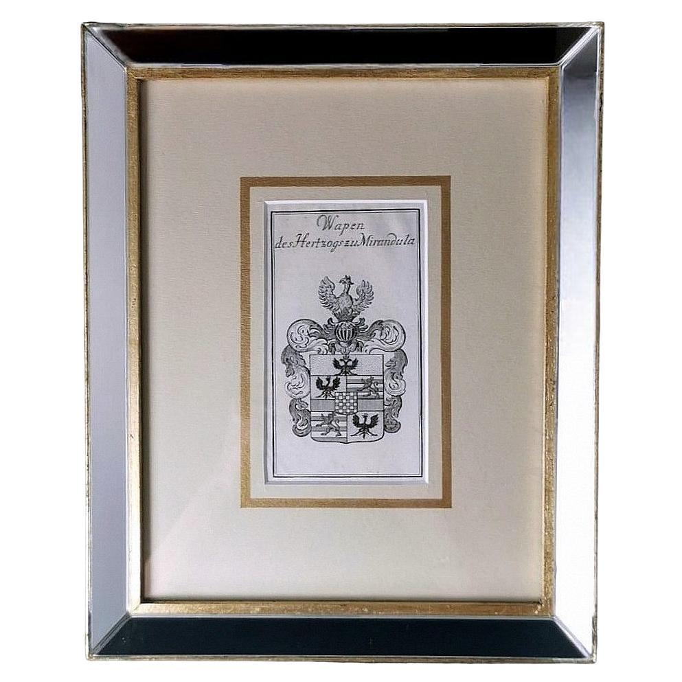 Cadre de miroir avec impression néerlandaise gravée représentant des ducs de Mirandola avec armoiries