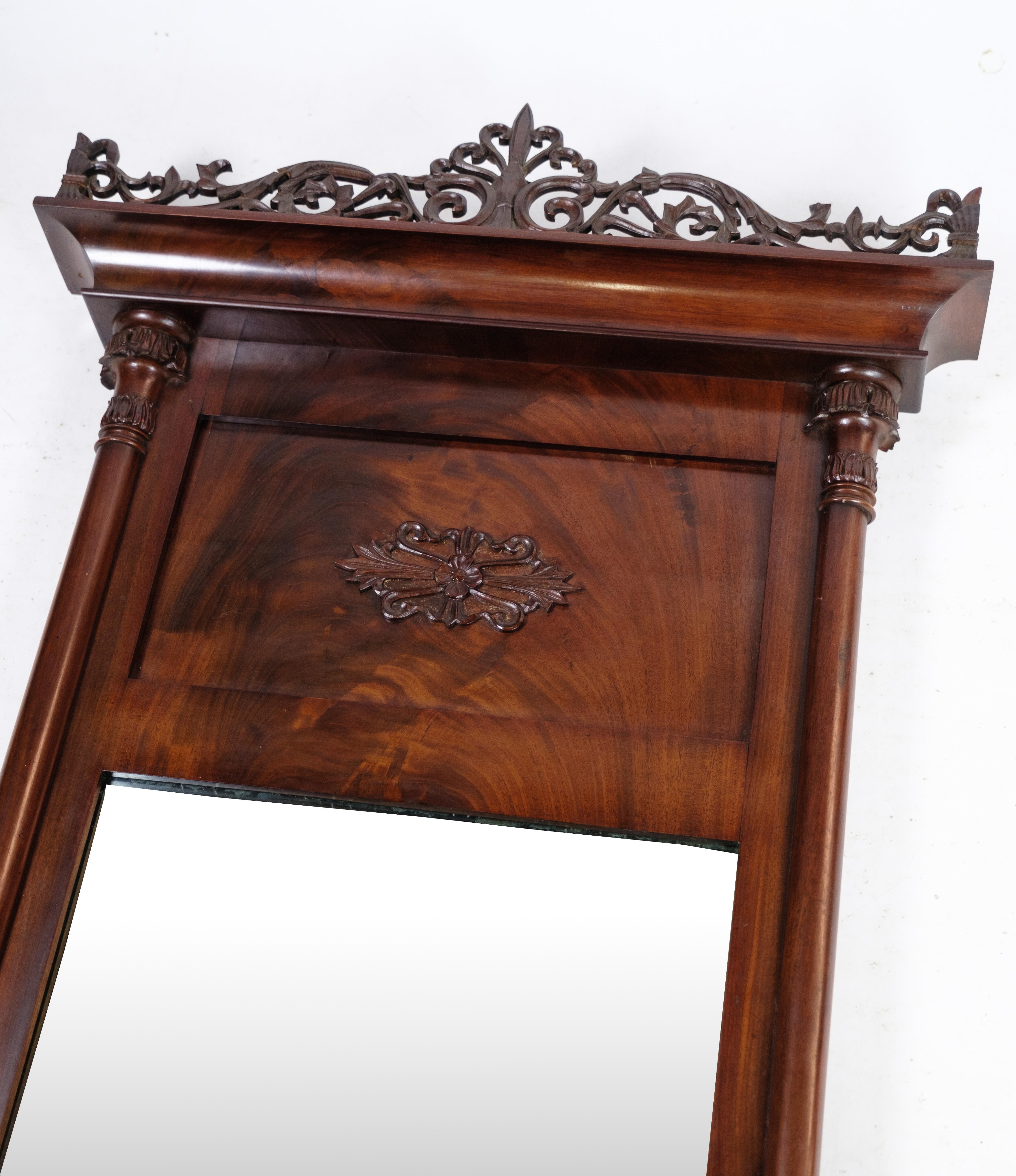 Danish Mirror, Hand Polished Mahogany, Carvings, Denmark, 1890s For Sale