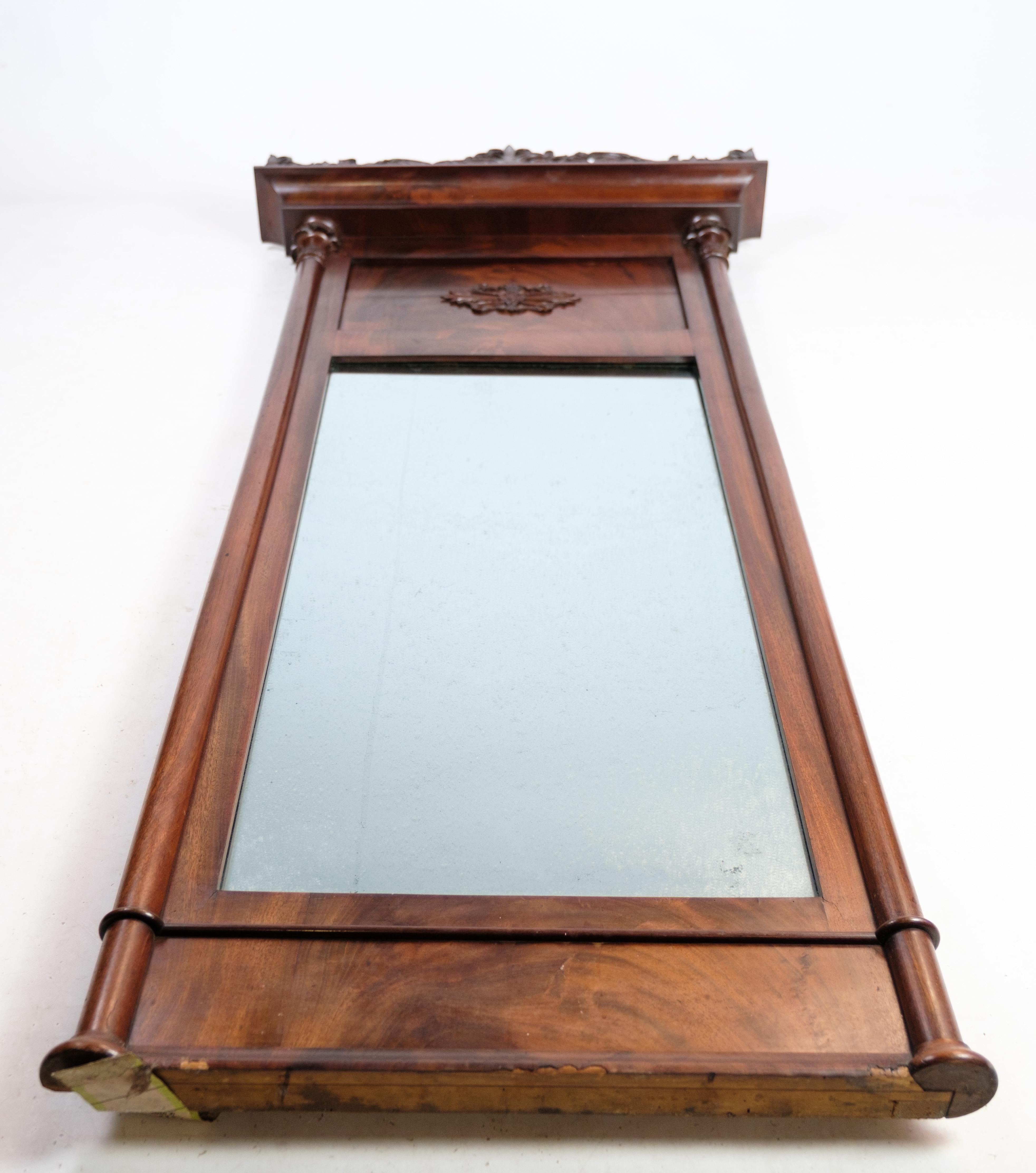 Late 19th Century Mirror, Hand Polished Mahogany, Carvings, Denmark, 1890s For Sale