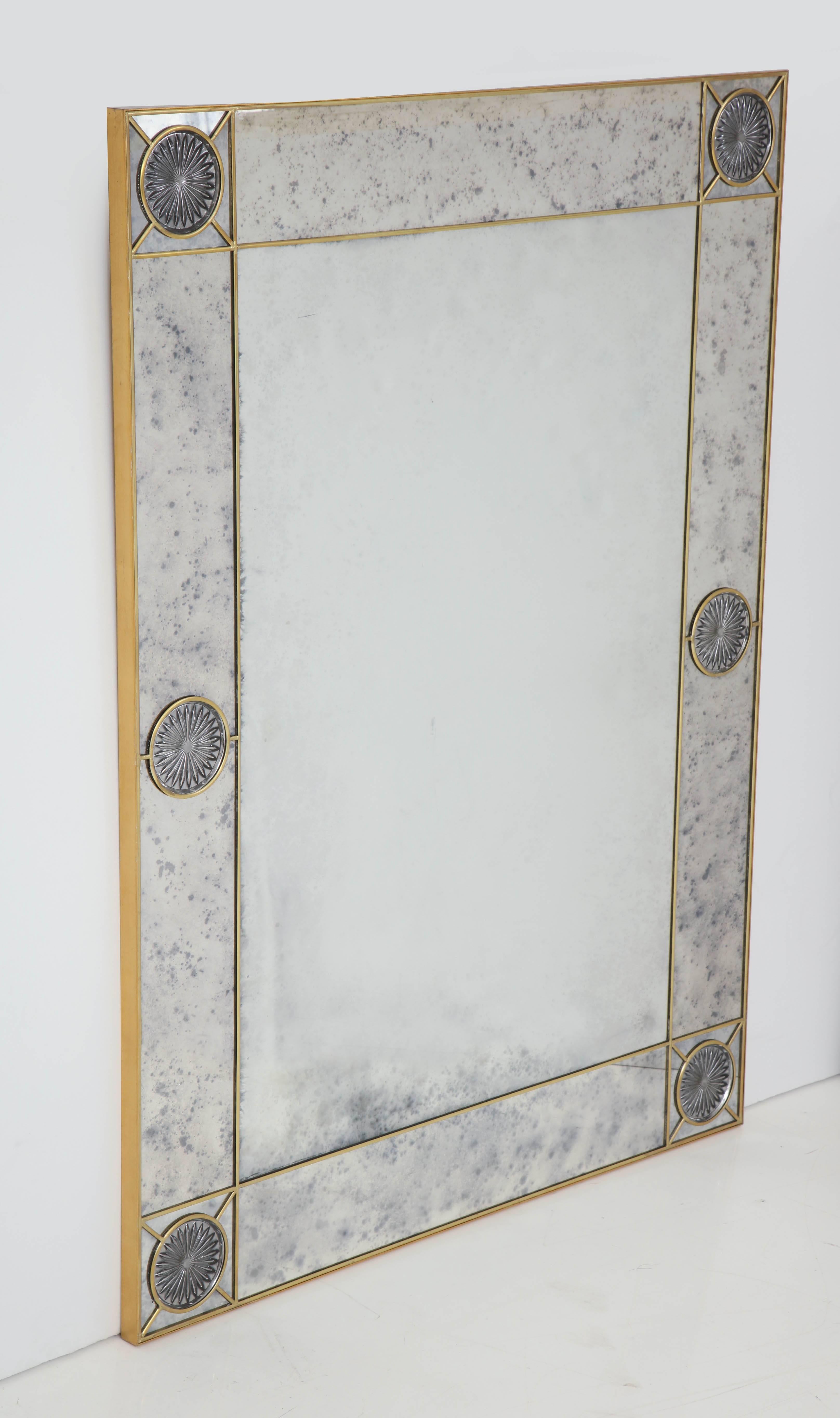 Decorative handcrafted brass and stained glass mirror by New York artist.
