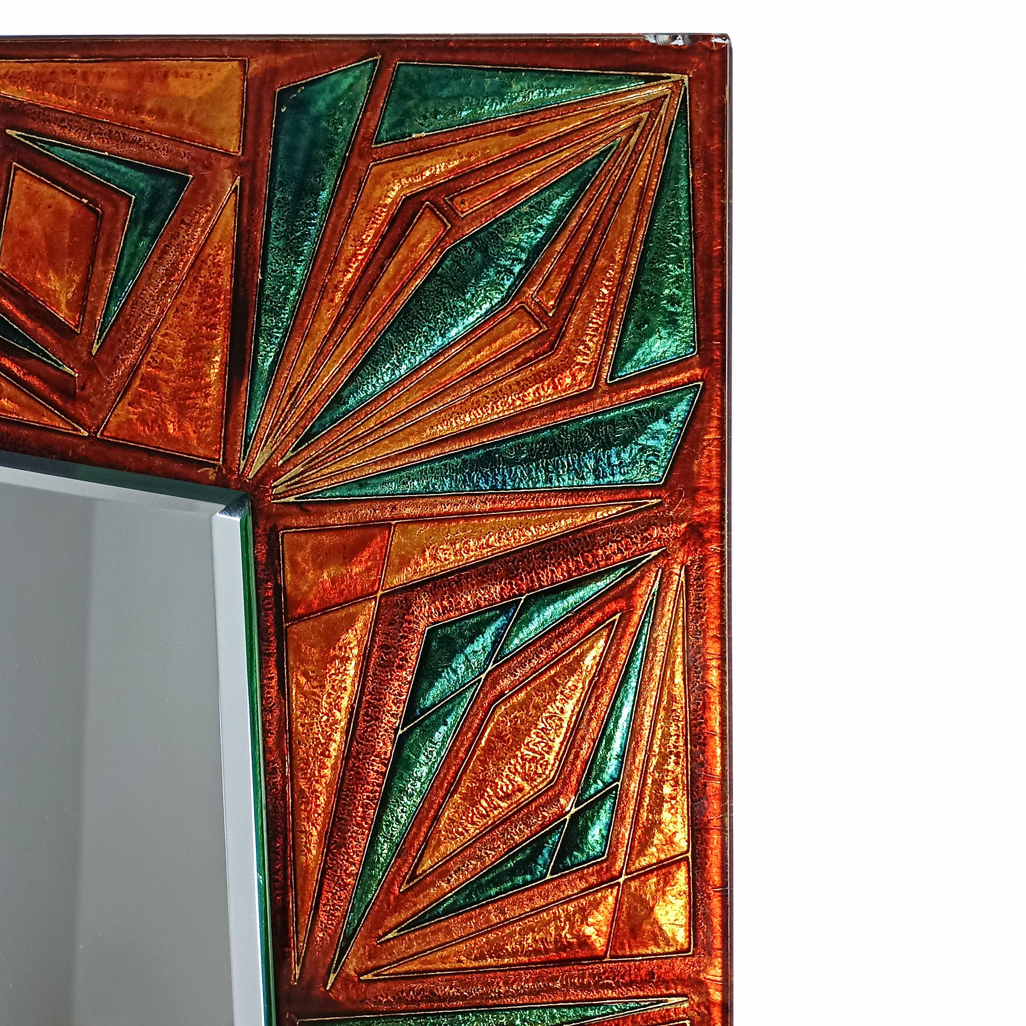 Engraved Mid-Century Modern Mirror in a Coloured Glass Frame - Italy