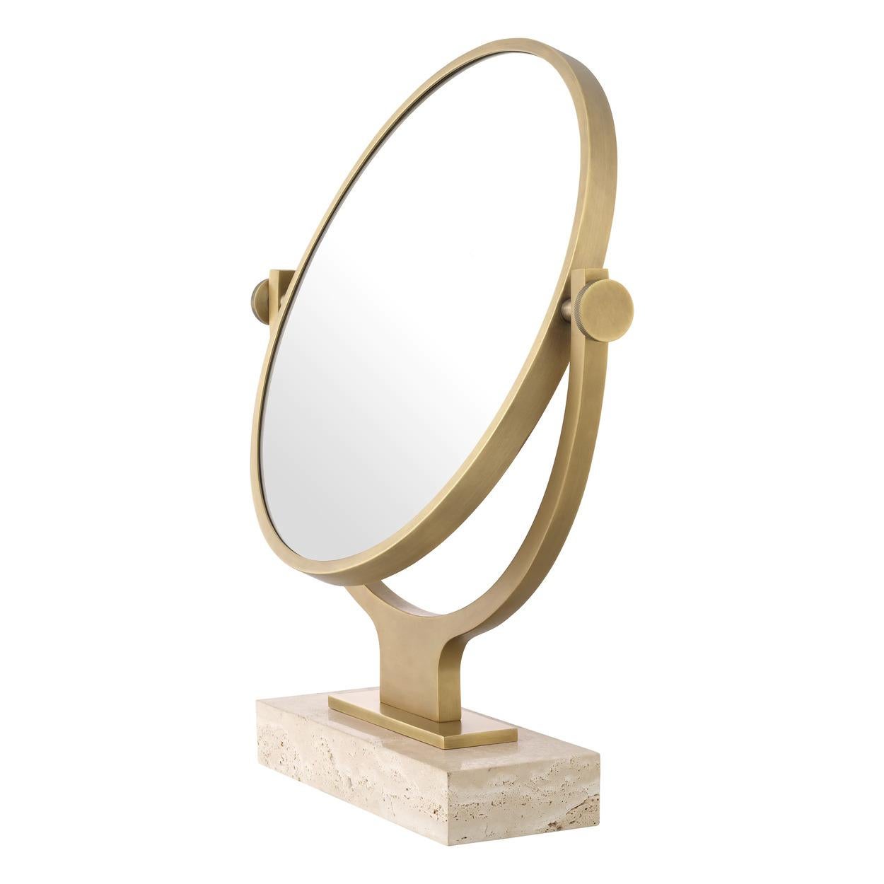 Mirror 

Antique brass finish mirror glass travertine base

Dimensions: Diameter: ø 40 / Lenght: 50,5 / Width: 12 Height: 56 cm