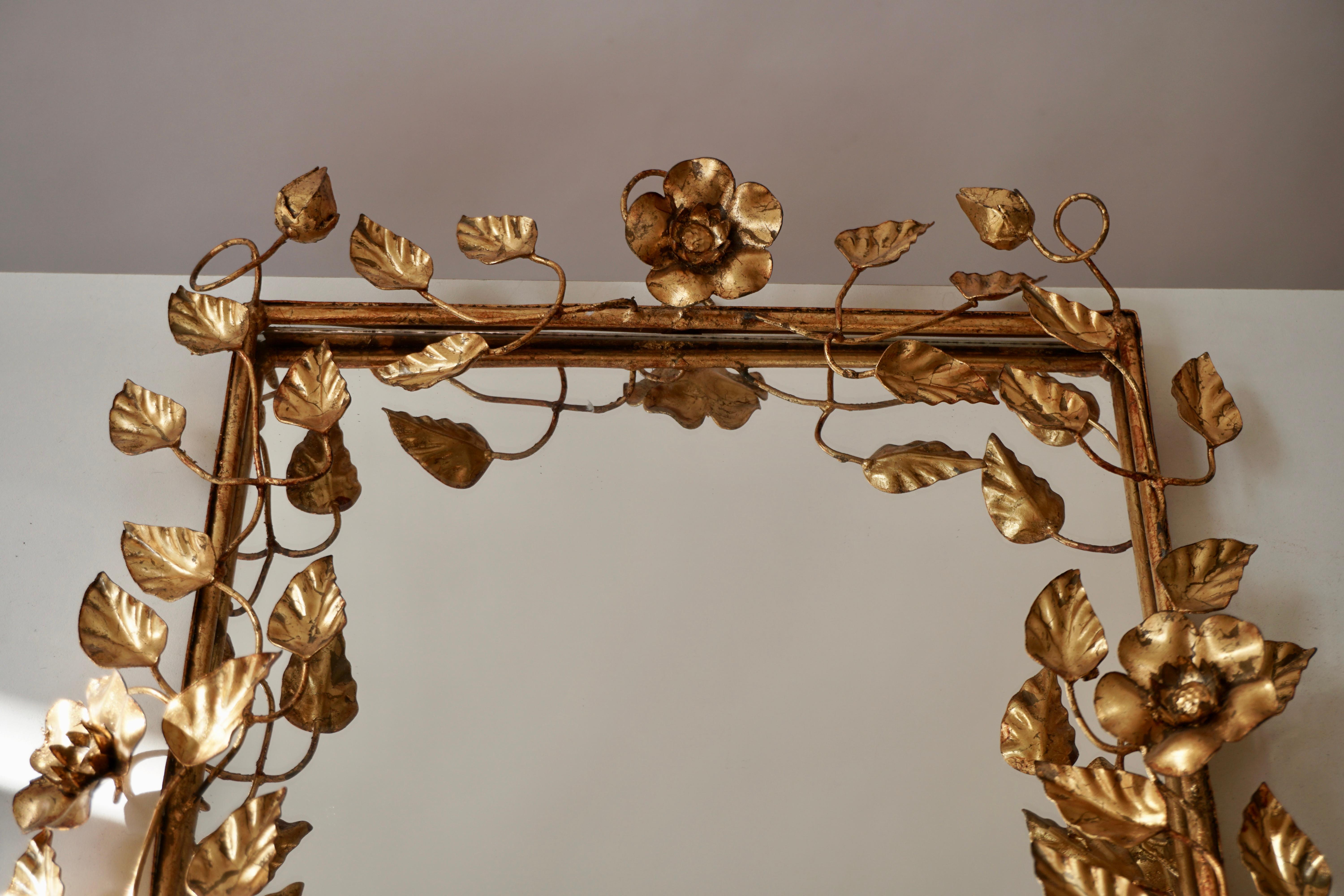 Italian Mirror in Gilded Metal with Vine Leaves Italy, 1970s For Sale