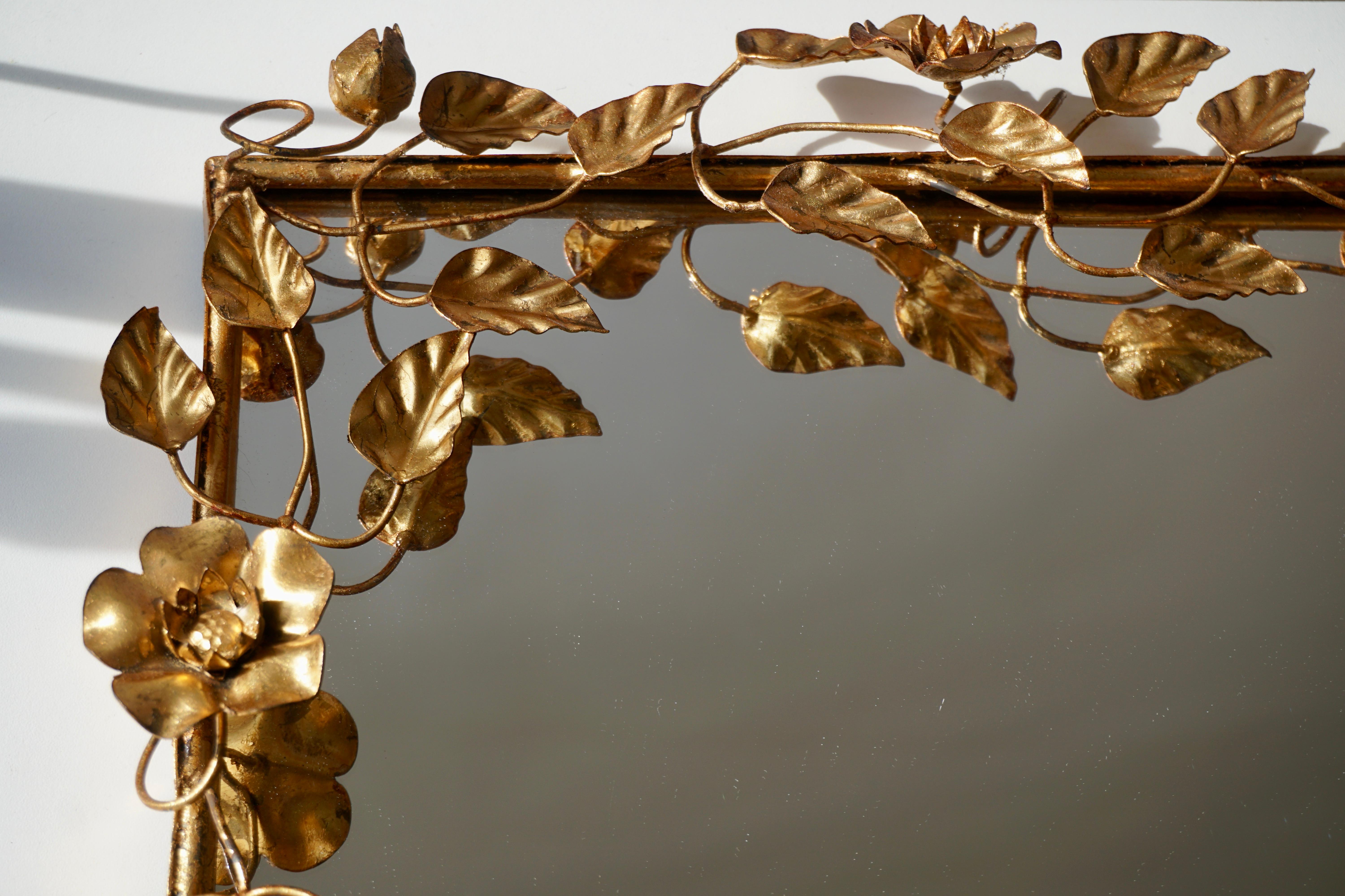 Gilt Mirror in Gilded Metal with Vine Leaves Italy, 1970s For Sale