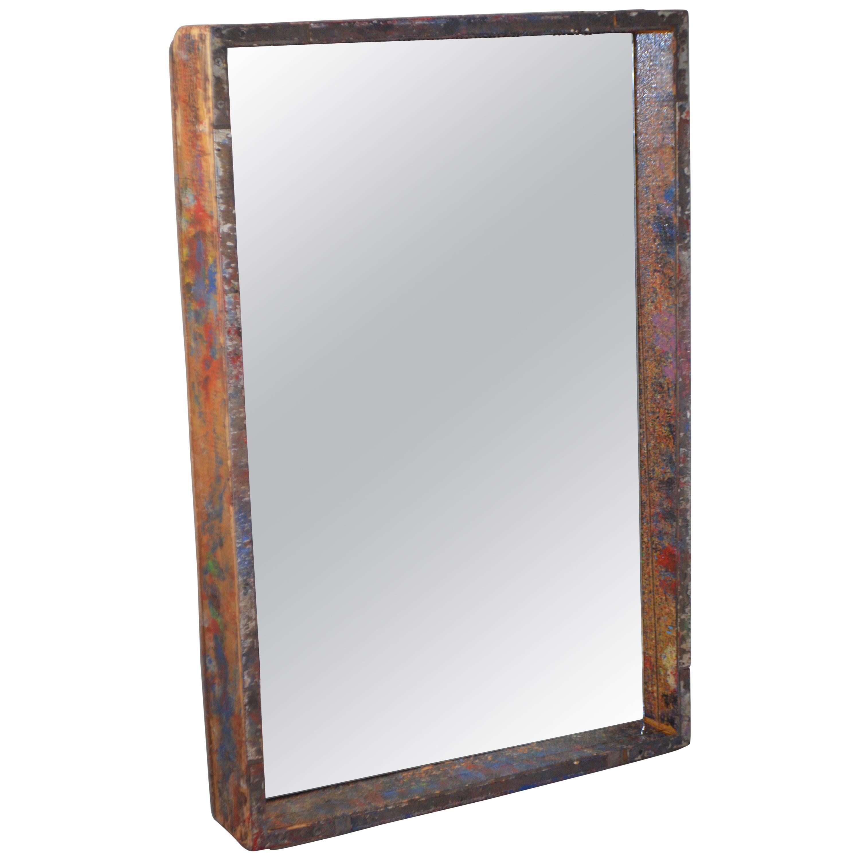 Mirror in Industrial Wood Frame Box from 1950s Auto Paint Factory For Sale