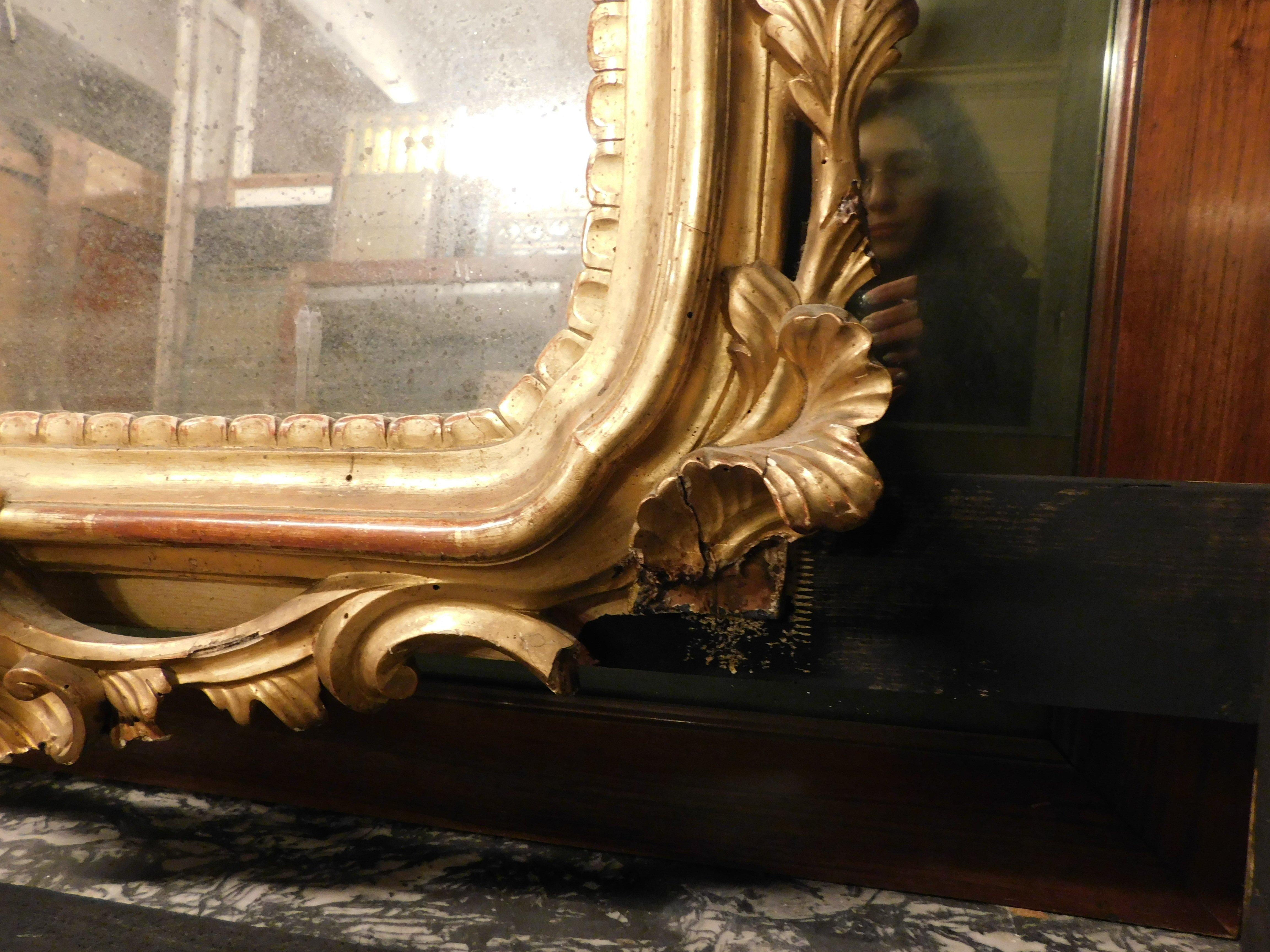 19th Century Mirror in lacquered and gilded wood, rich cymatium carved with shell, Italy For Sale