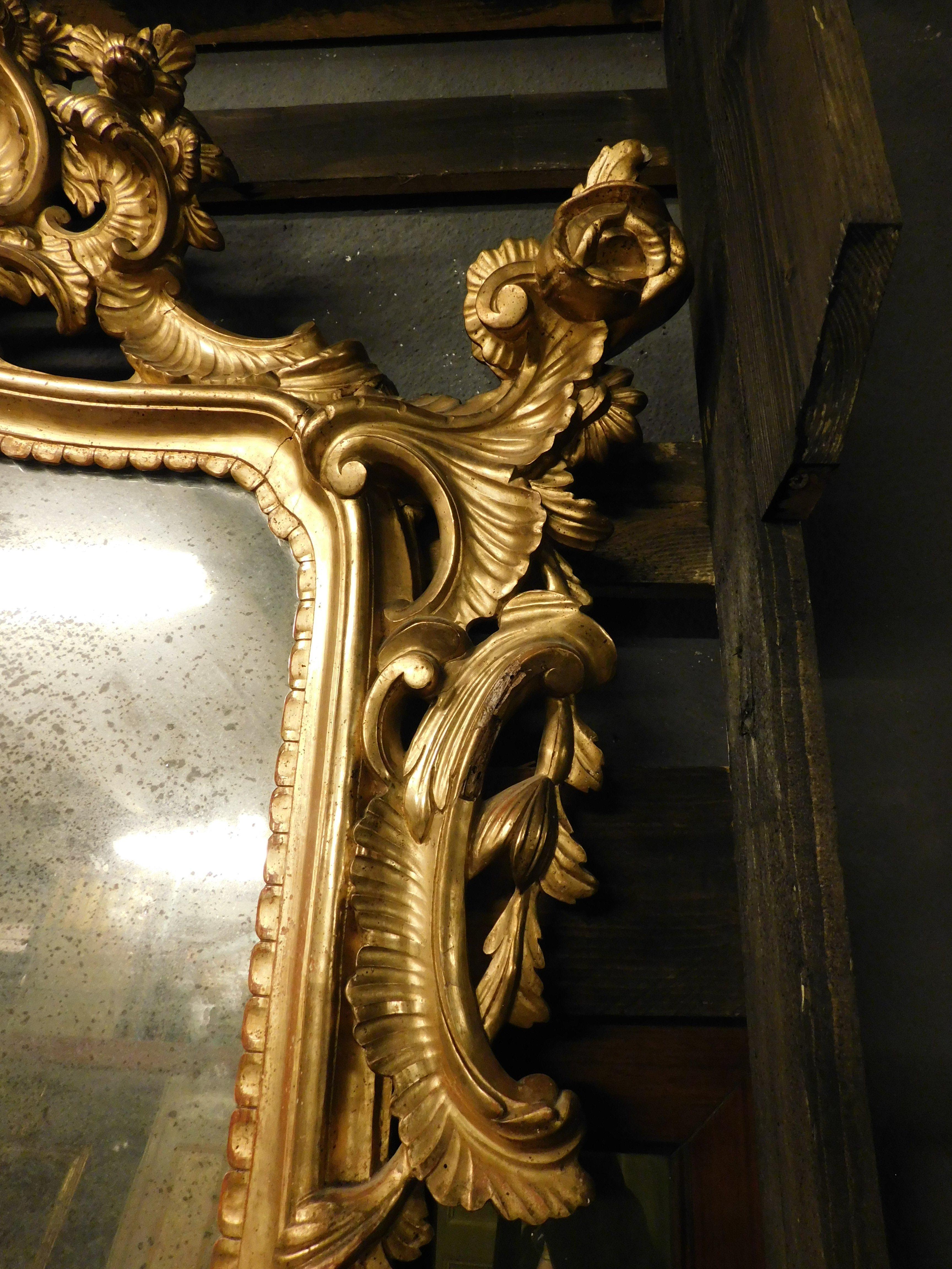 Mirror in lacquered and gilded wood, rich cymatium carved with shell, Italy For Sale 1