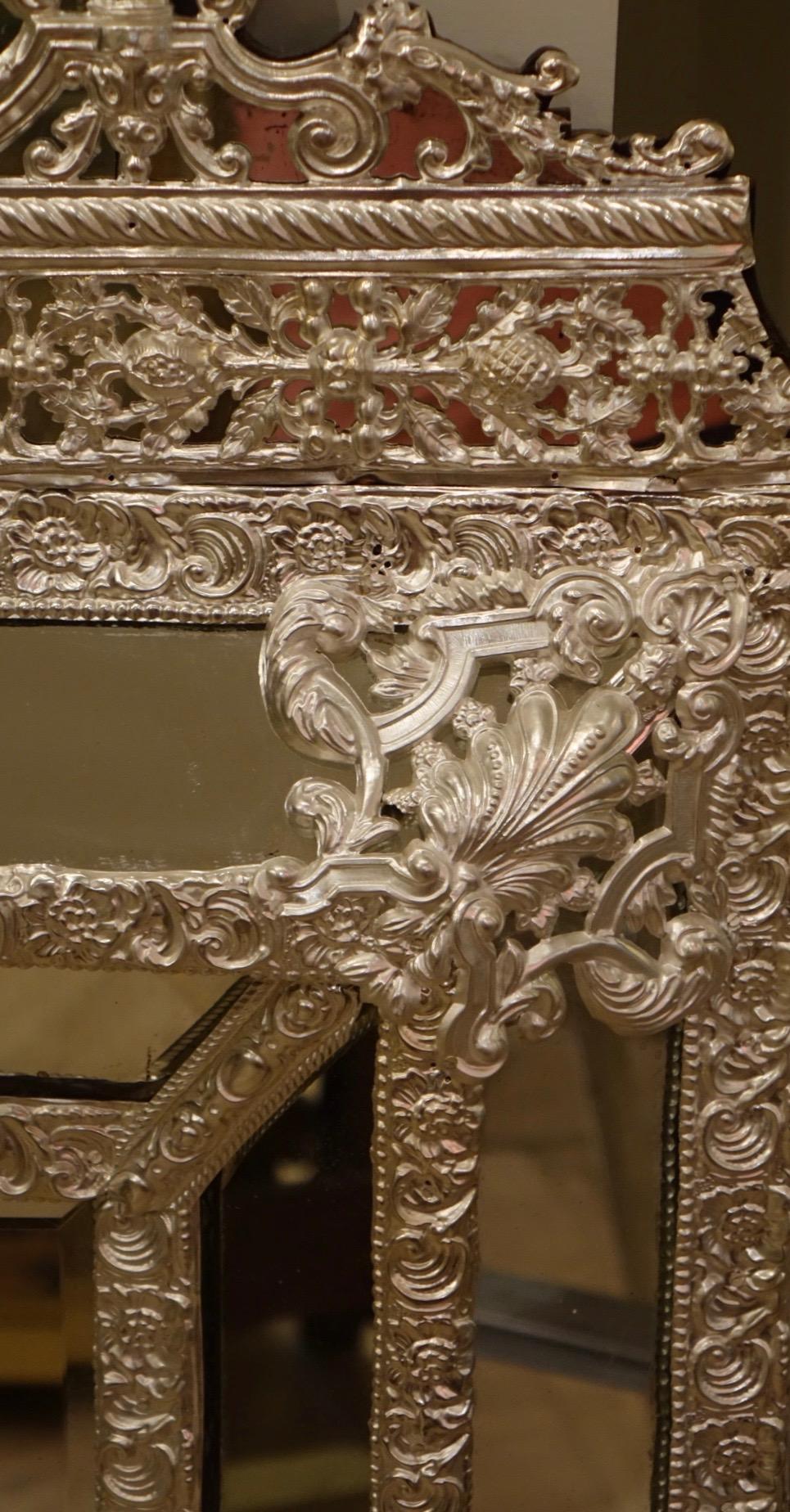 Empire Revival Mirror in Louis XIV Style in Embossed Silver Plated Brass, France, 19th Century