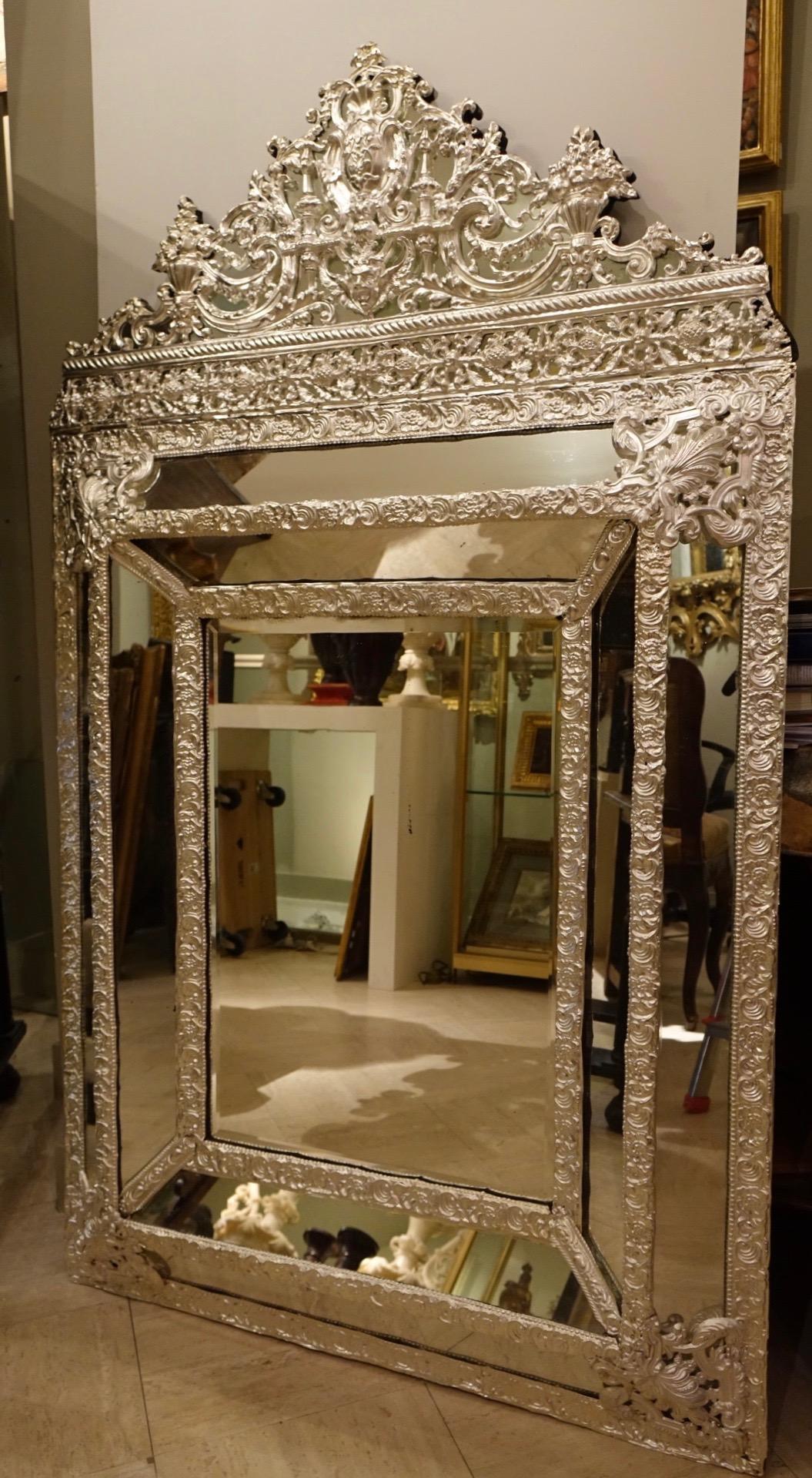 French Mirror in Louis XIV Style in Embossed Silver Plated Brass, France, 19th Century