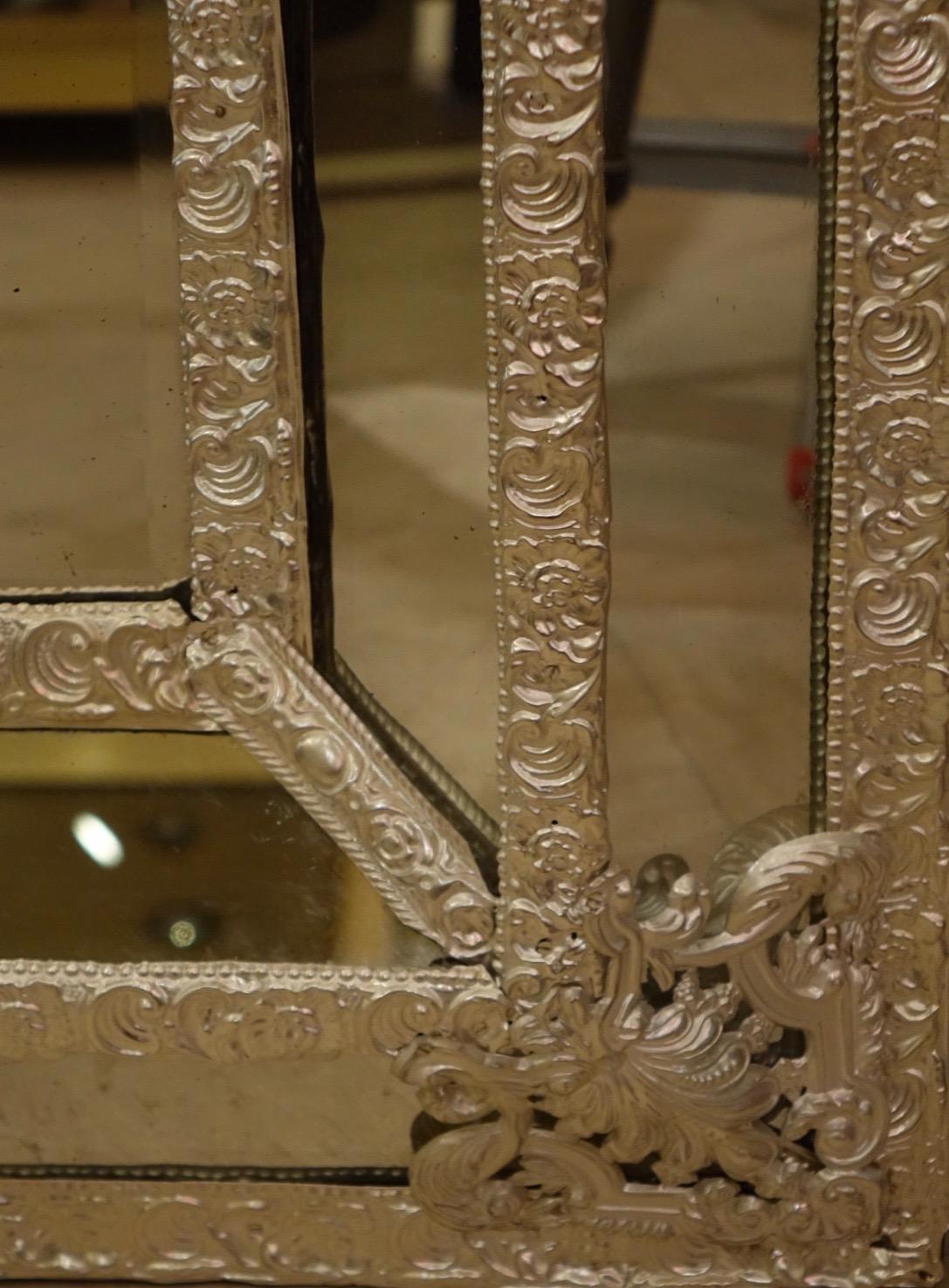 Beveled Mirror in Louis XIV Style in Embossed Silver Plated Brass, France, 19th Century