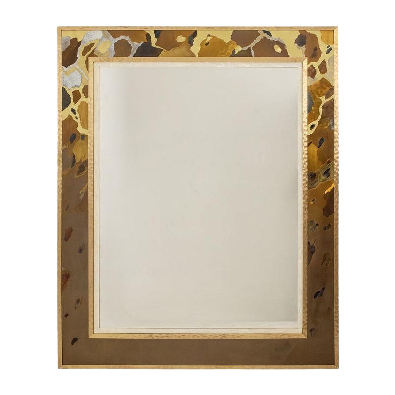 Mirror in oxidized and patinated brass marquetry. Artist’s work. For Sale