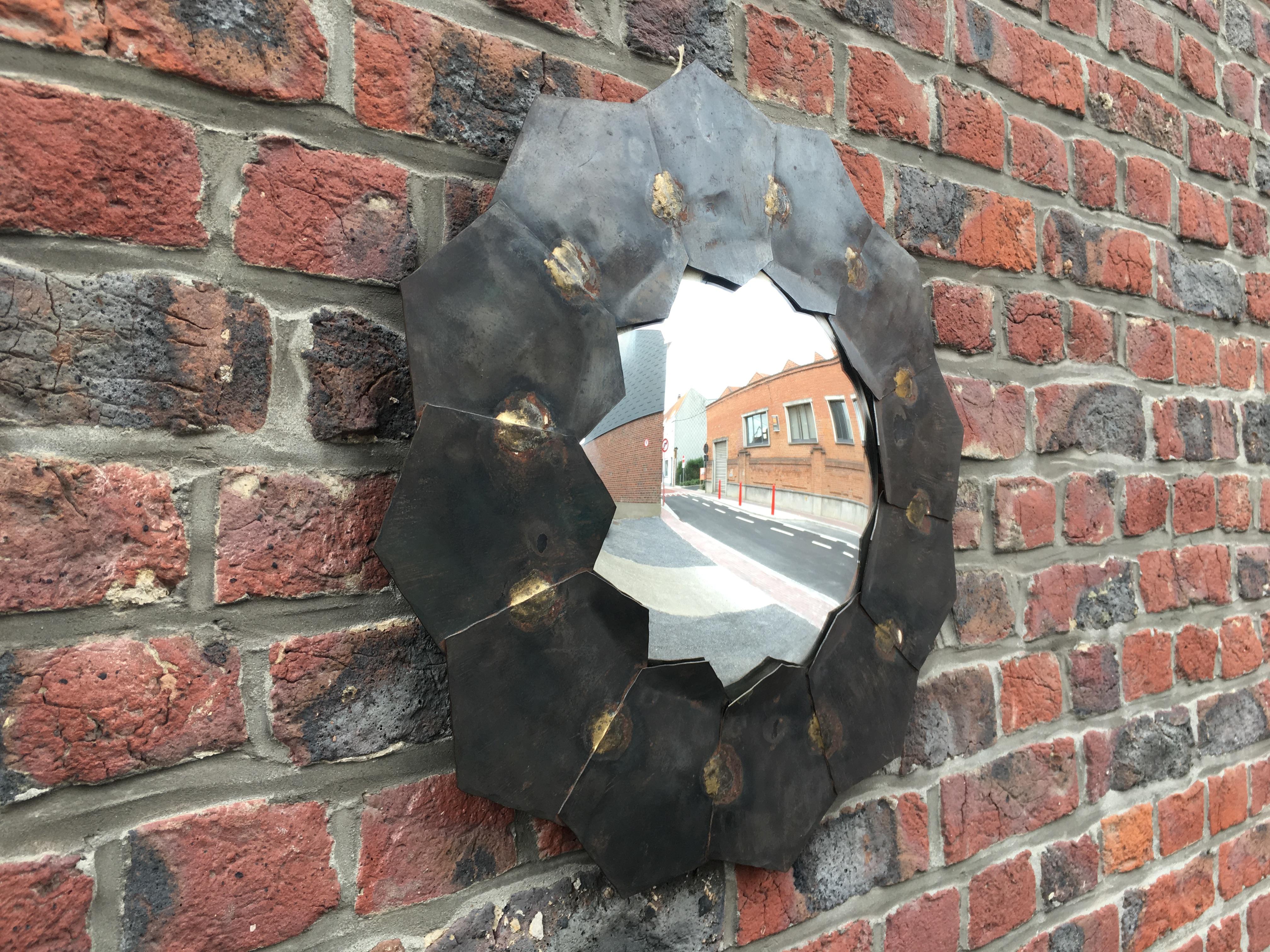 Mid-Century Modern Mirror in Patinated Metal and Brass, circa 1970 For Sale