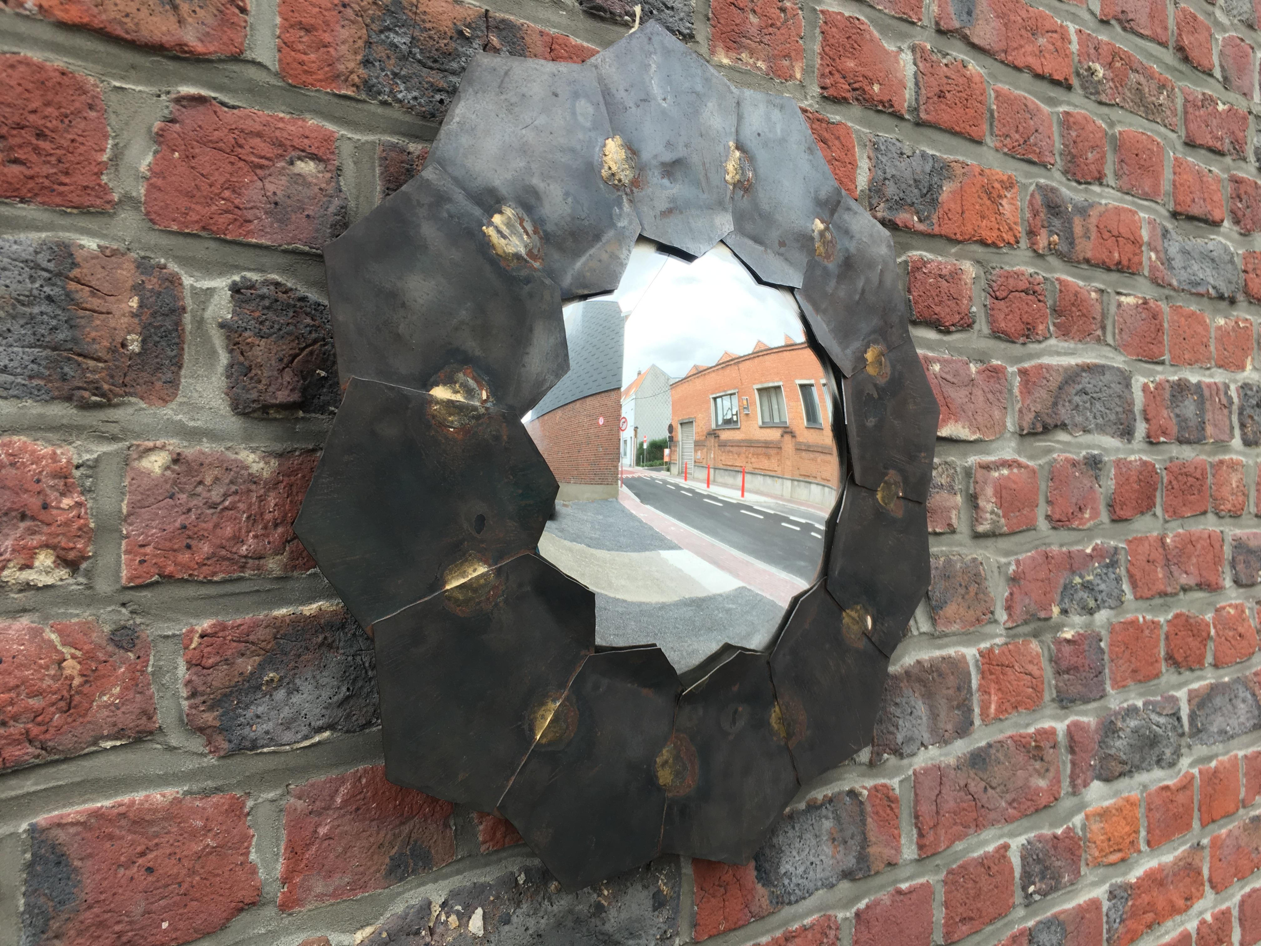 European Mirror in Patinated Metal and Brass, circa 1970 For Sale