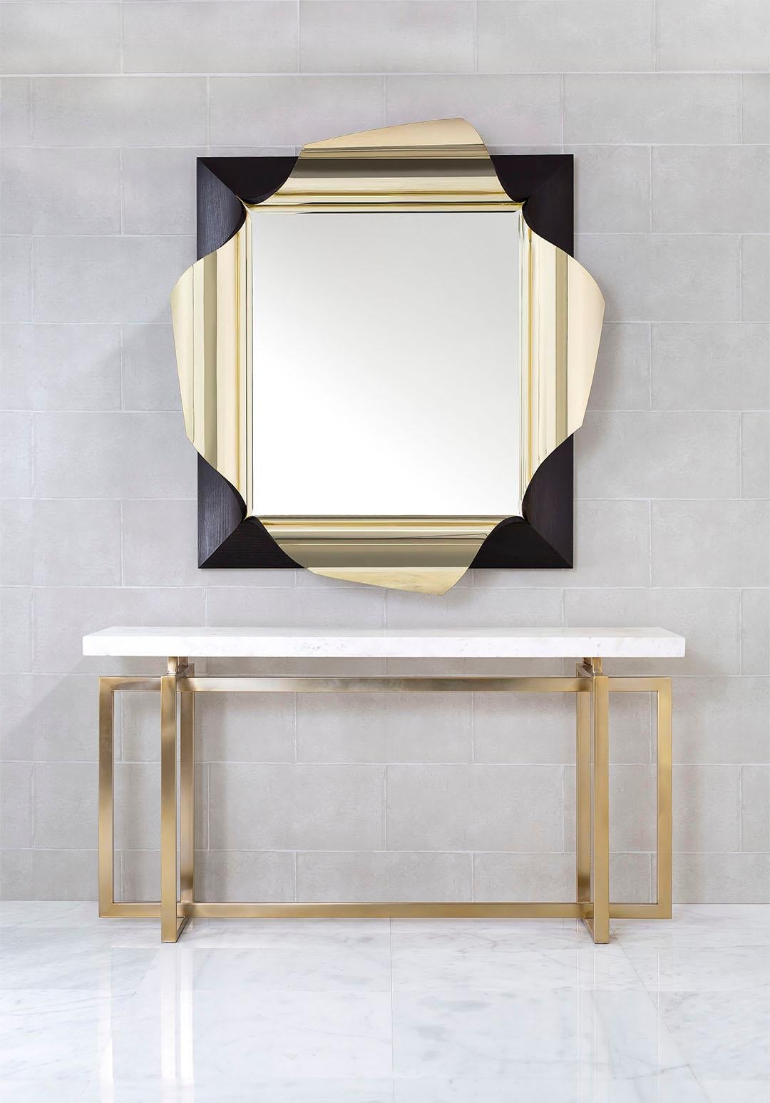 Modern Surrealist Mirror in Polished Brass and Fumed Oak, Salvador by Jake Phipps For Sale