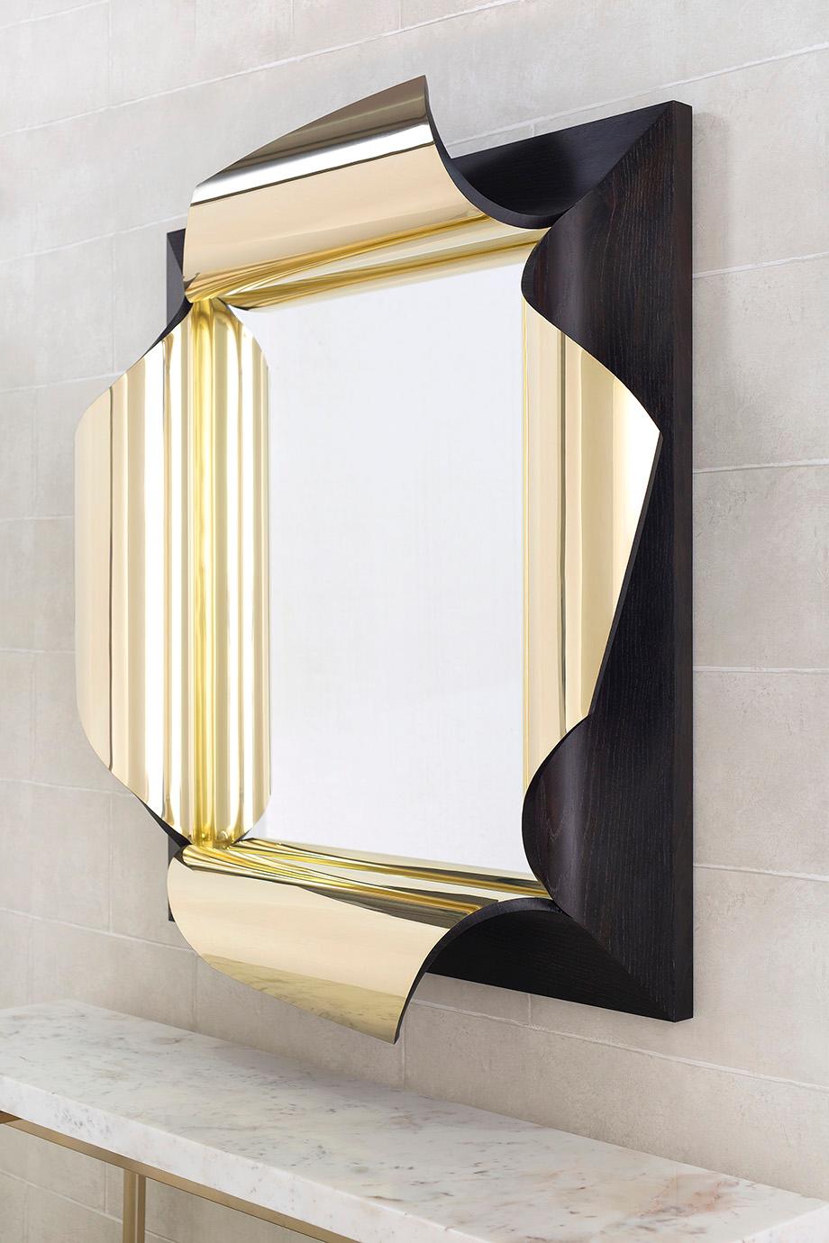British Surrealist Mirror in Polished Brass and Fumed Oak, Salvador by Jake Phipps For Sale