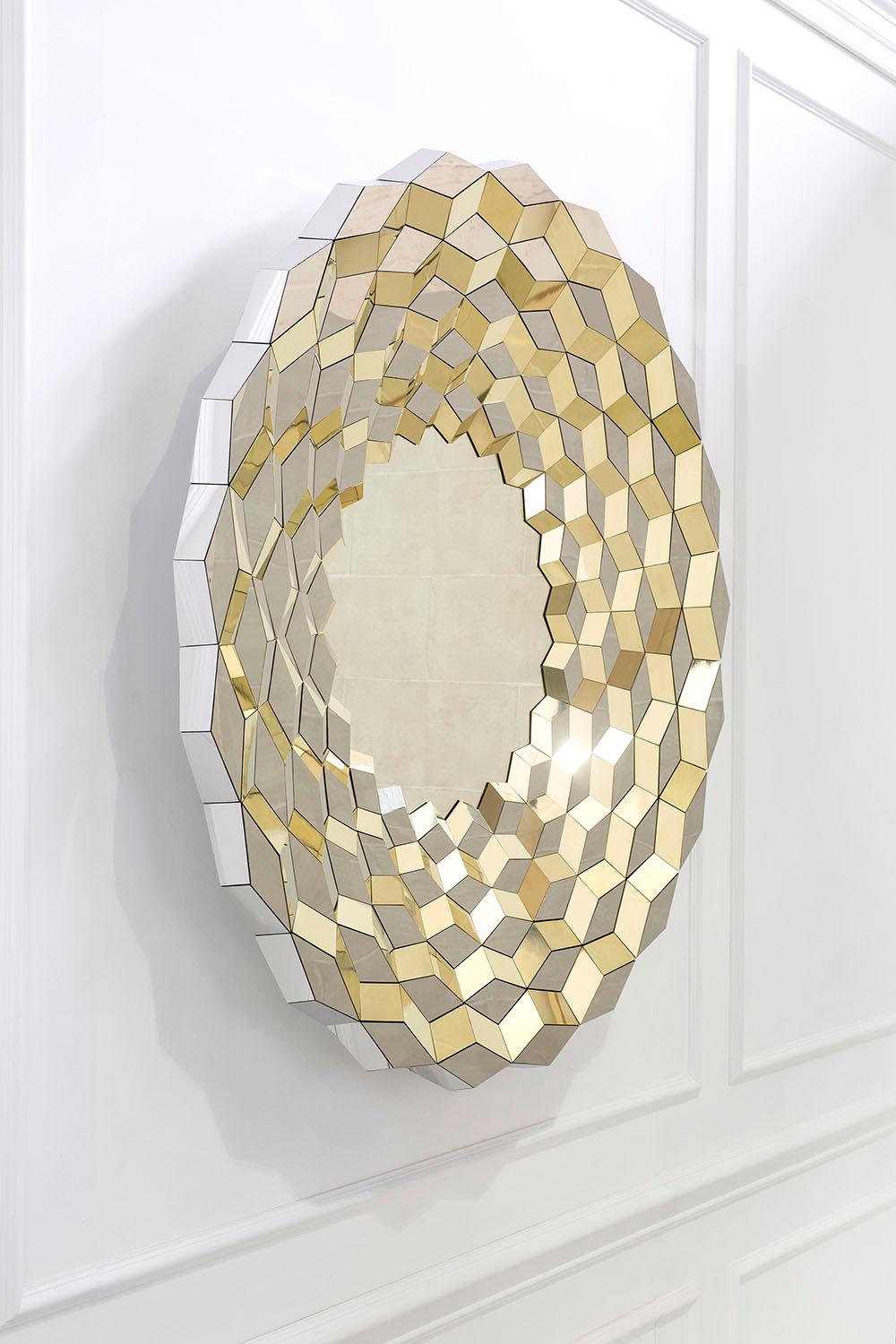 Of all things, a long haul flight to China helped inspire this faceted mirror. When seen from the air, the still water that had been collected in hundreds of terraced paddy fields, cut deep into the valley sides, caught the early morning light