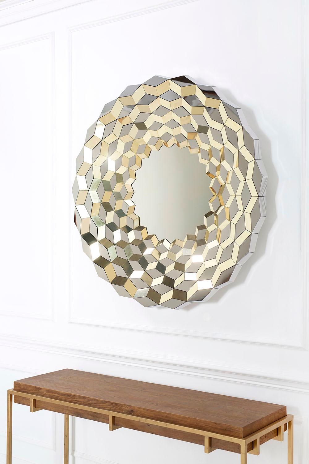 Modern Faceted Mirror in Polished Brass and Steel, Terrace by Jake Phipps For Sale