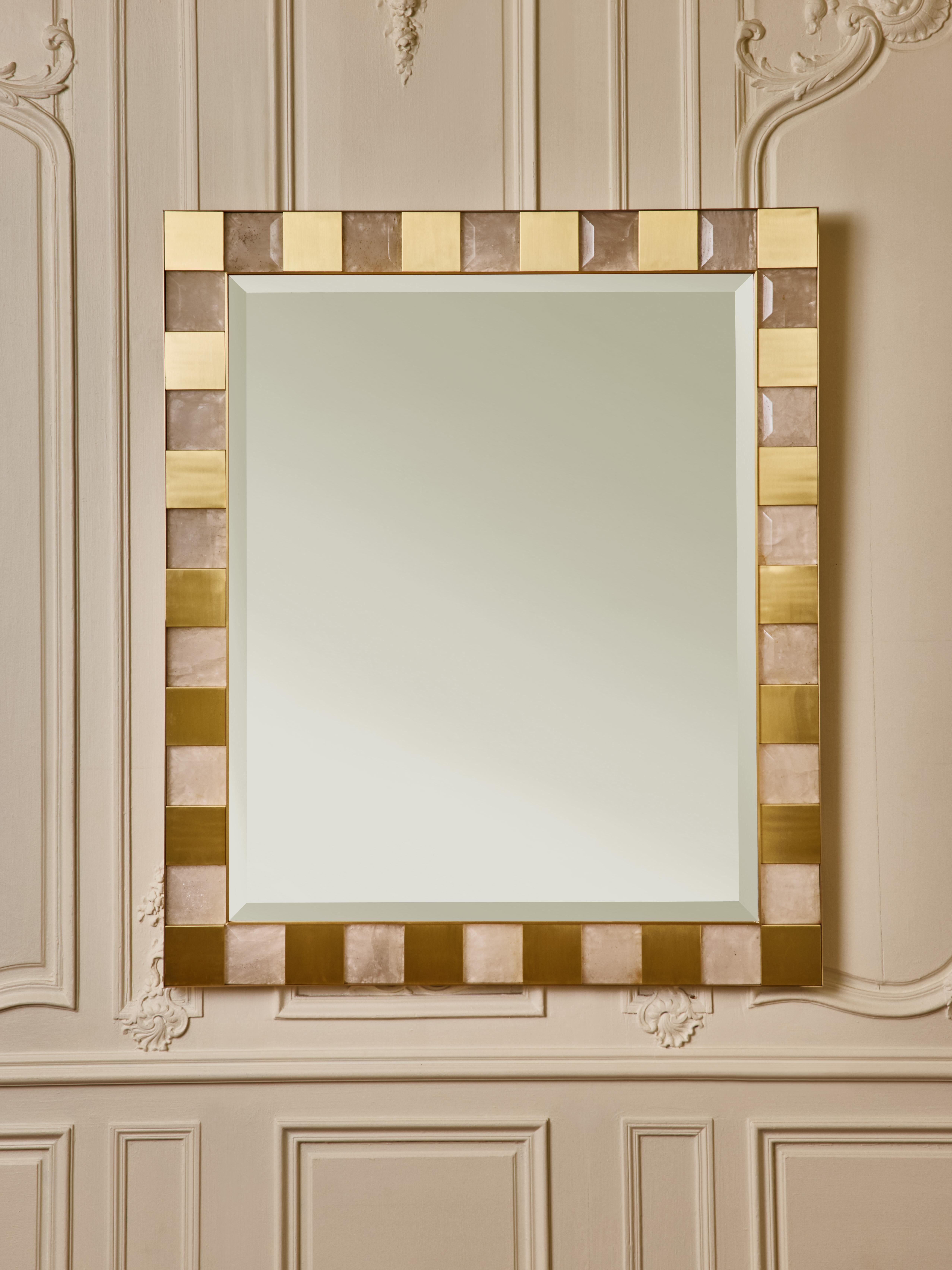Mirror with frame in brass and beveled rock crystals. 
Creation by Studio Glustin.
