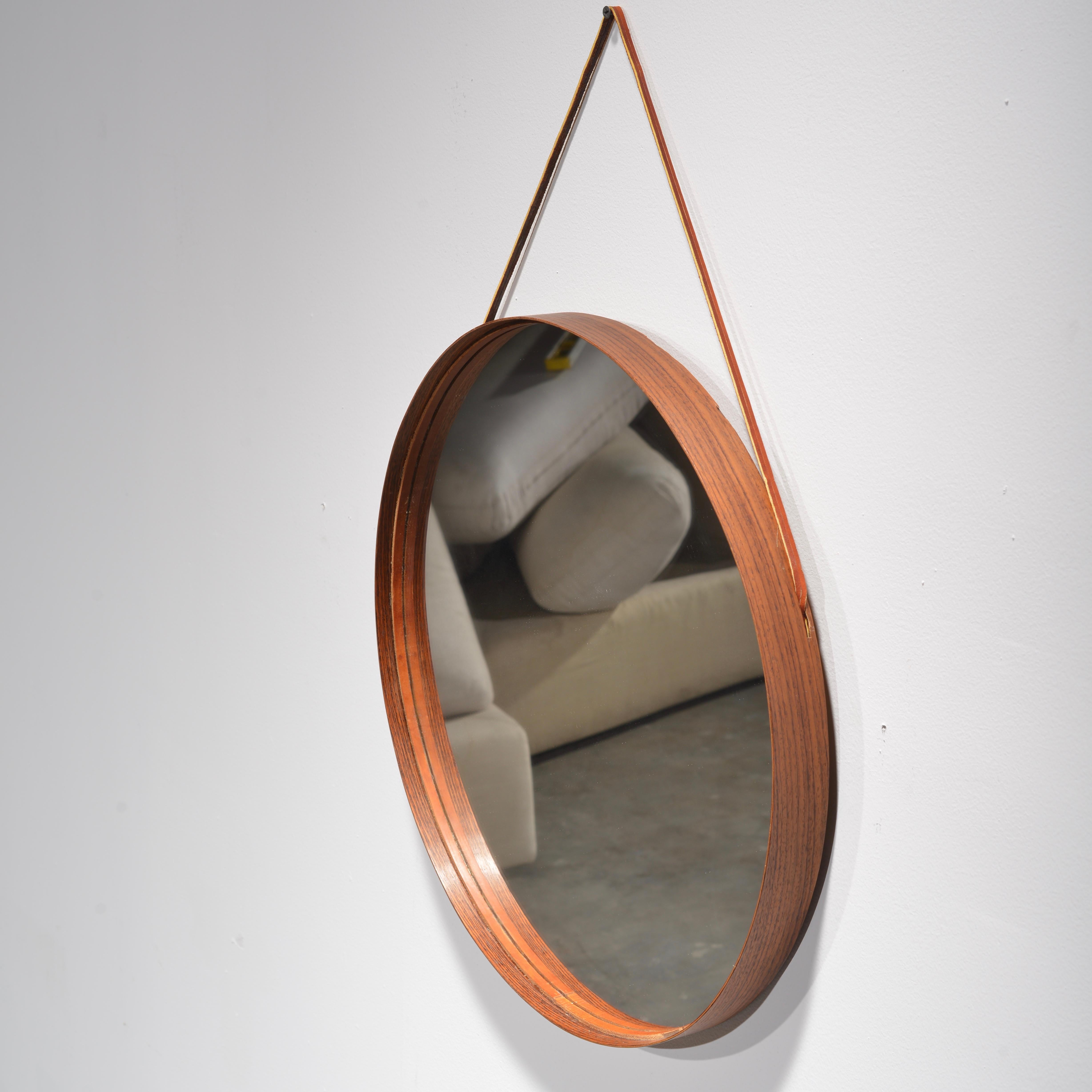 Scandinavian Modern Mirror in Rosewood and Leather by Uno & Osten Kristiansson for Glas Mäster  For Sale