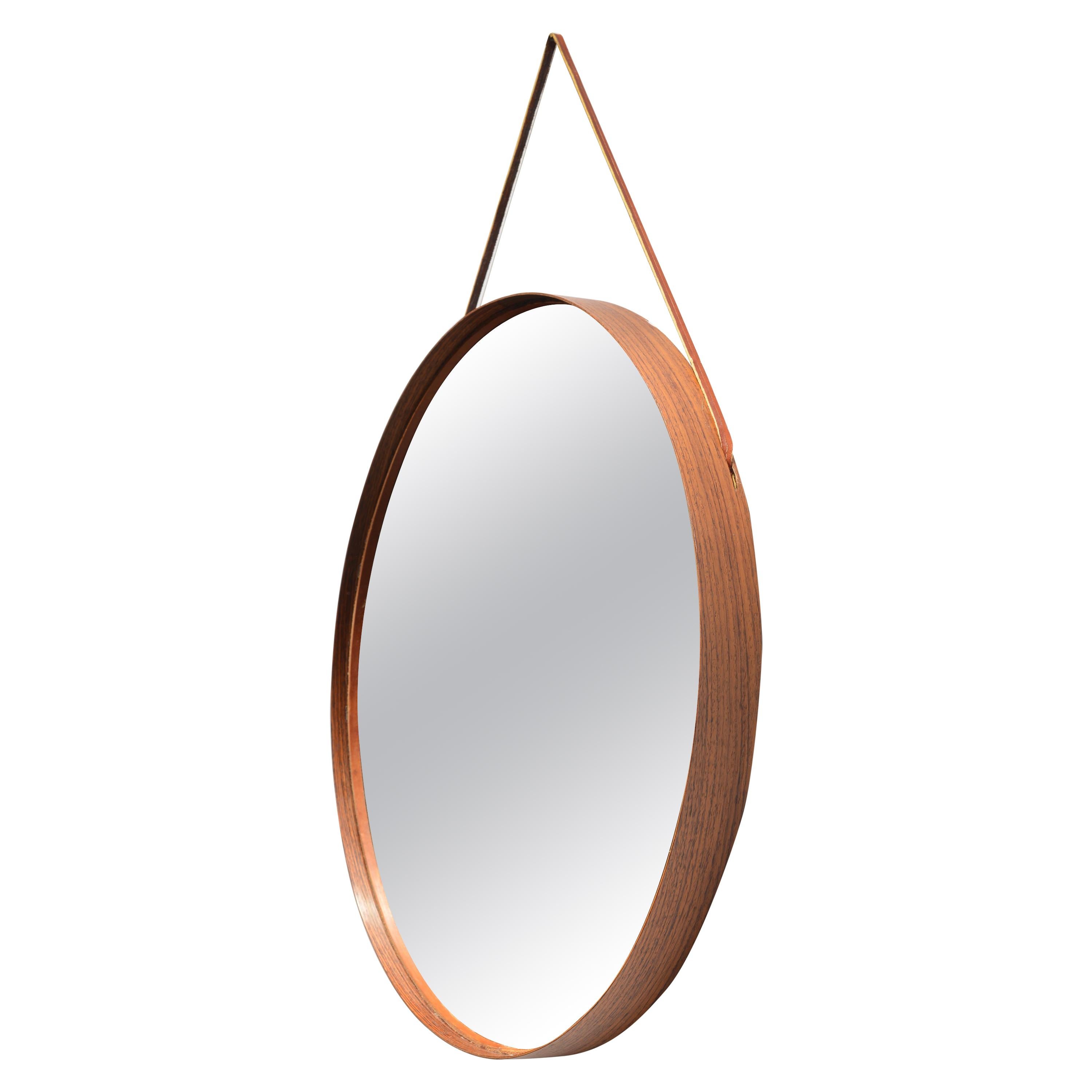 Miroir en bois de rose et cuir par Uno & Osten Kristiansson pour Glas Mäster 